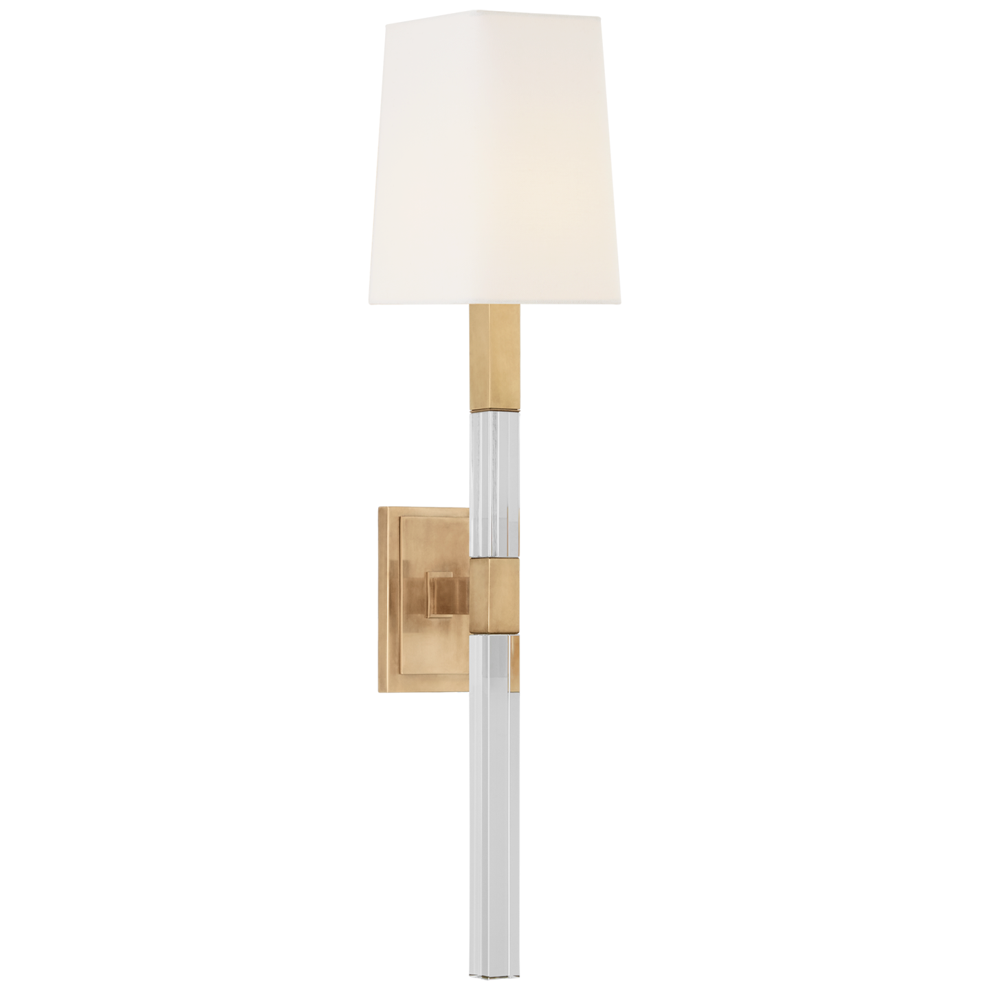 Reagan Medium Tail Sconce in Antique-Burnished Brass and Crystal with Linen Shade