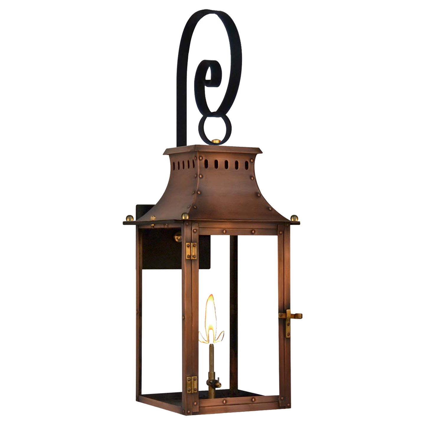 Market Street 16" Top Scroll Wall Lantern in Antique Copper, Gas
