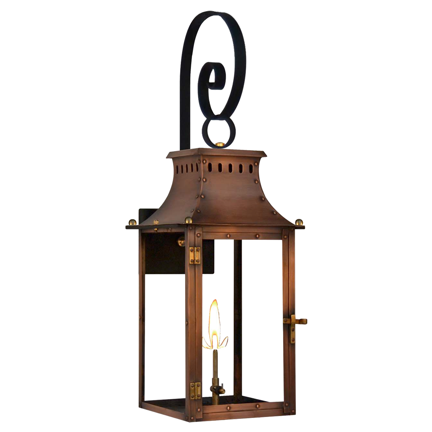 Market Street 19" Top Scroll Wall Lantern in Antique Copper, Gas