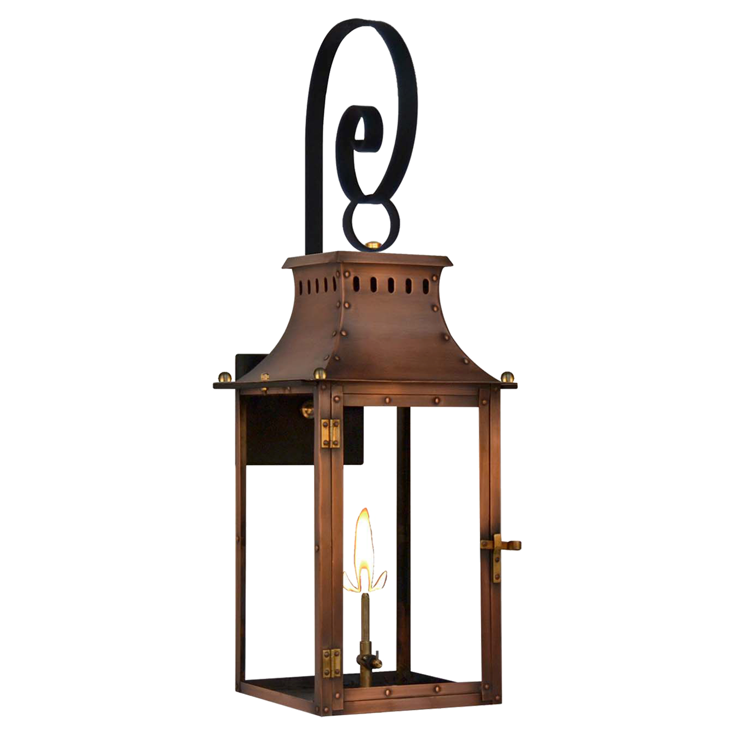 Market Street 21" Top Scroll Wall Lantern in Antique Copper, Gas