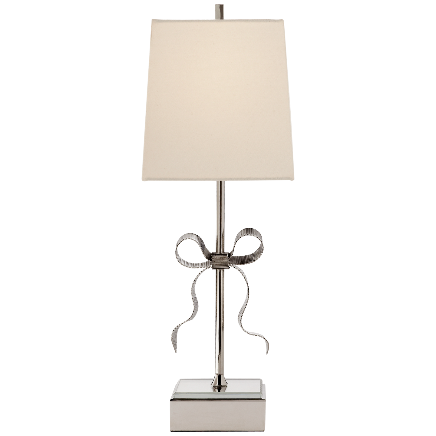 Ellery Gros-Grain Bow Table Lamp in Polished Nickel and Mirror with Cream Linen Shade