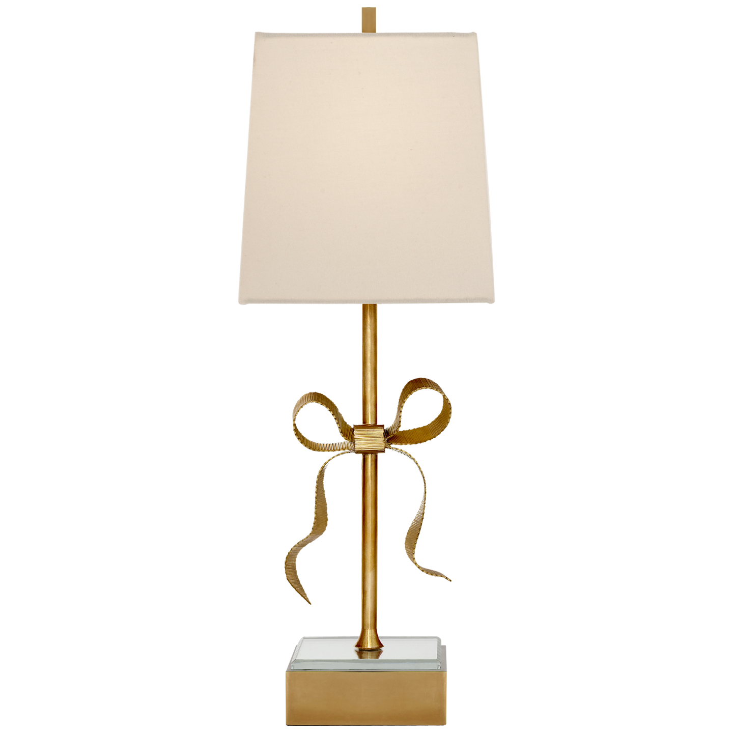 Ellery Gros-Grain Bow Table Lamp in Soft Brass and Mirror with Cream Linen Shade