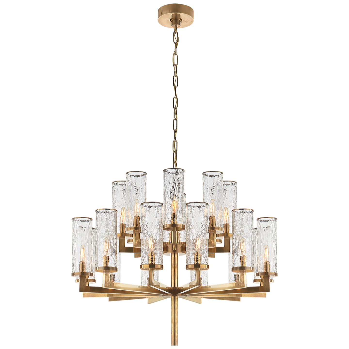 Liaison Double Tier Chandelier in Antique-Burnished Brass with Crackle Glass