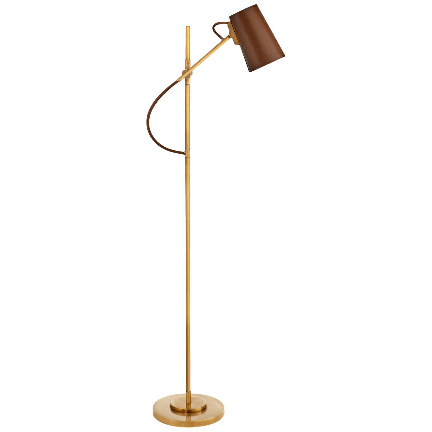 Benton Adjustable Floor Lamp in Natural Brass with Saddle Leather Shade