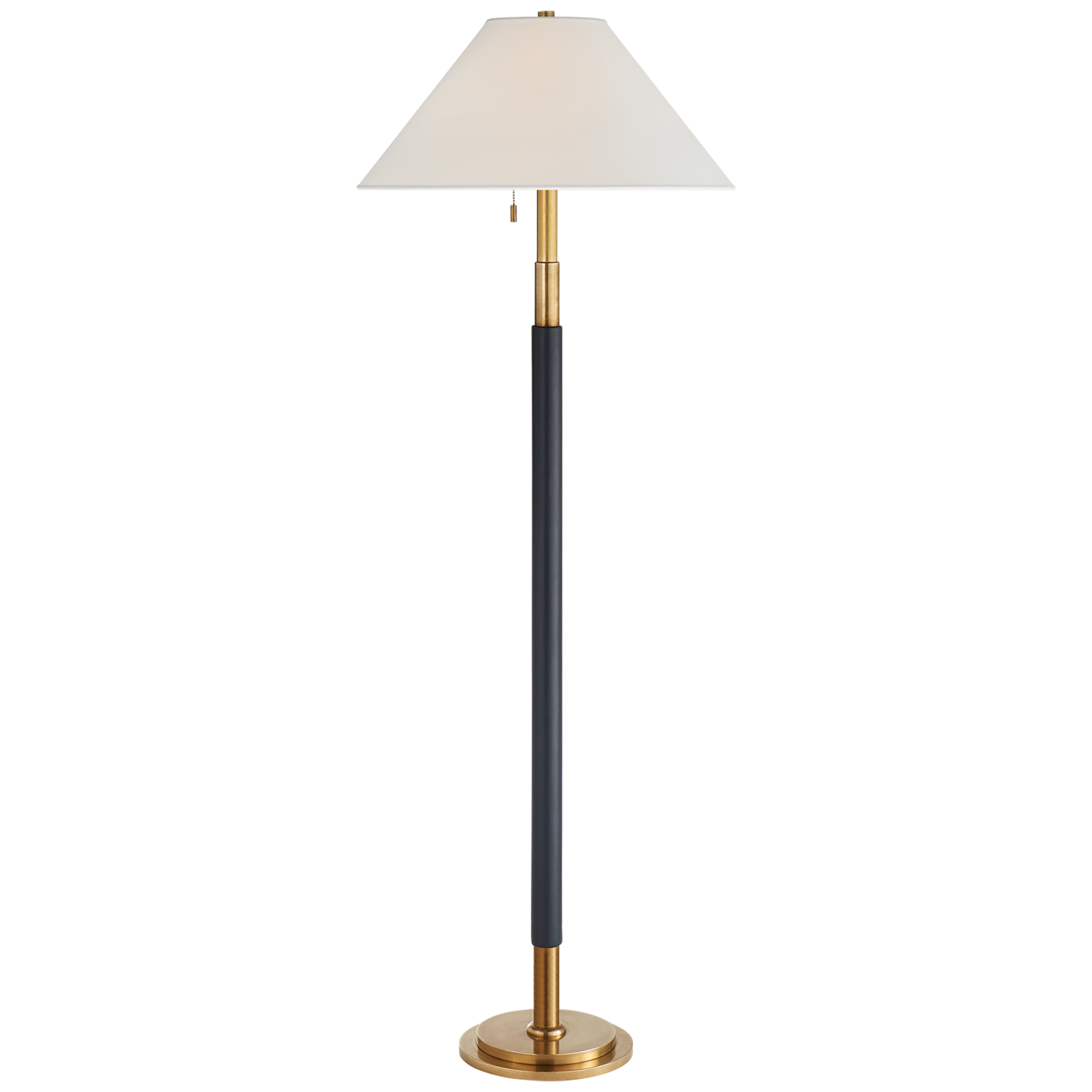 Garner Floor Lamp in Natural Brass and Navy Leather with Percale Shade