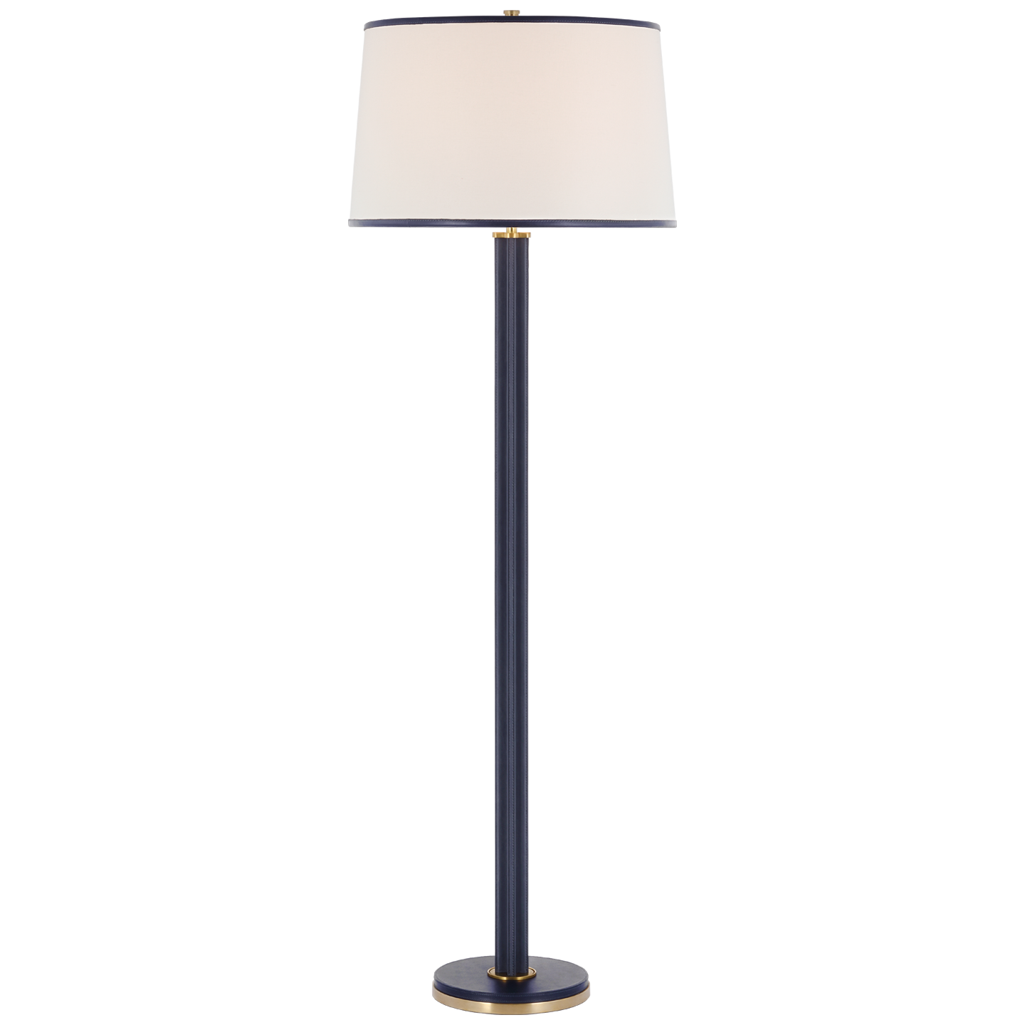 Riley Large Floor Lamp in Natural Brass and Navy with Leather Trimmed Linen Shade