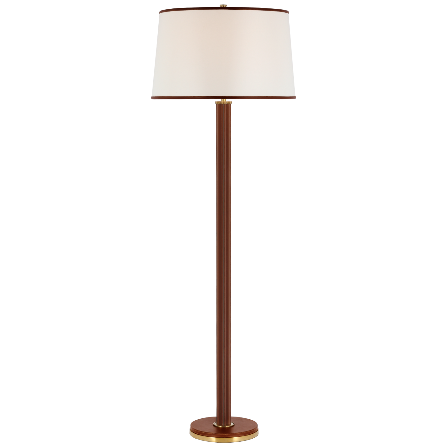 Riley Large Floor Lamp in Natural Brass and Saddle Leather with Leather Trimmed Linen Shade