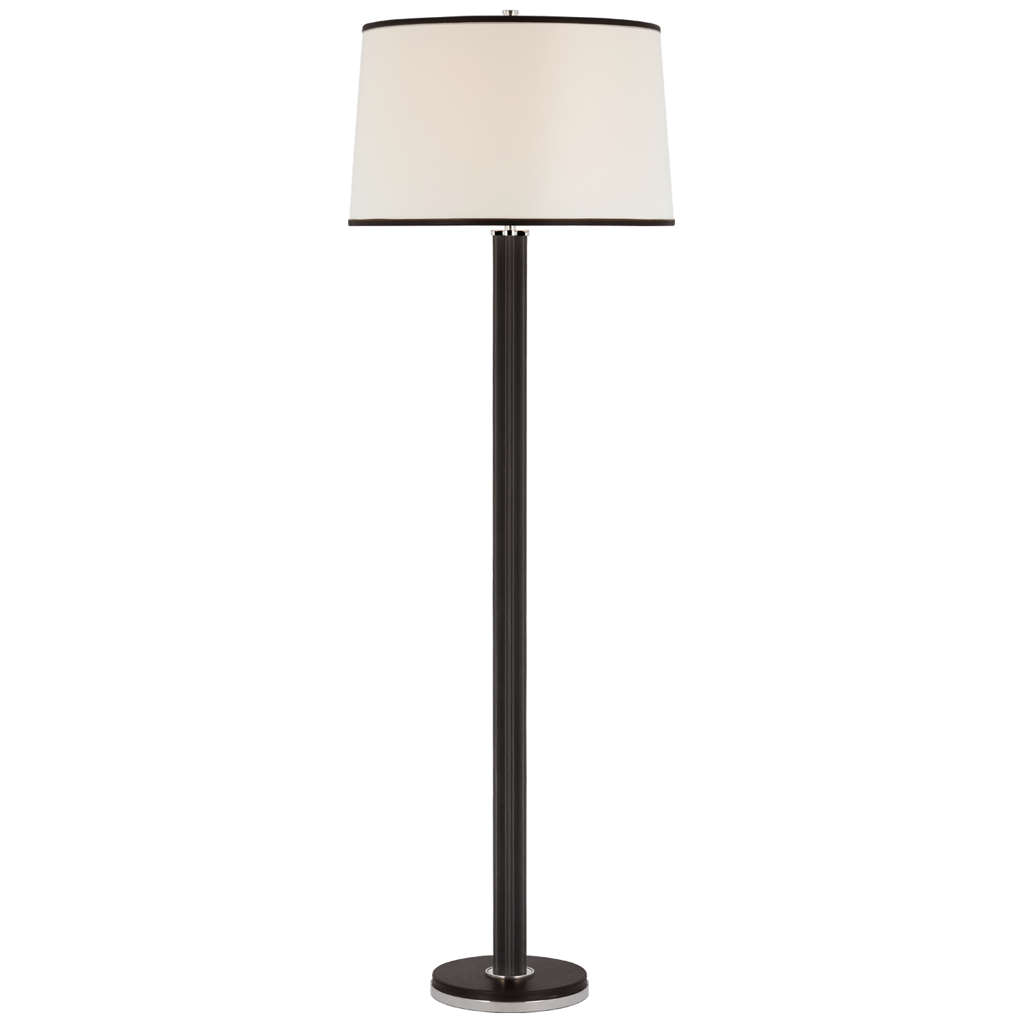 Riley Large Floor Lamp in Polished Nickel and Chocolate Leather with Leather Trimmed Linen Shade