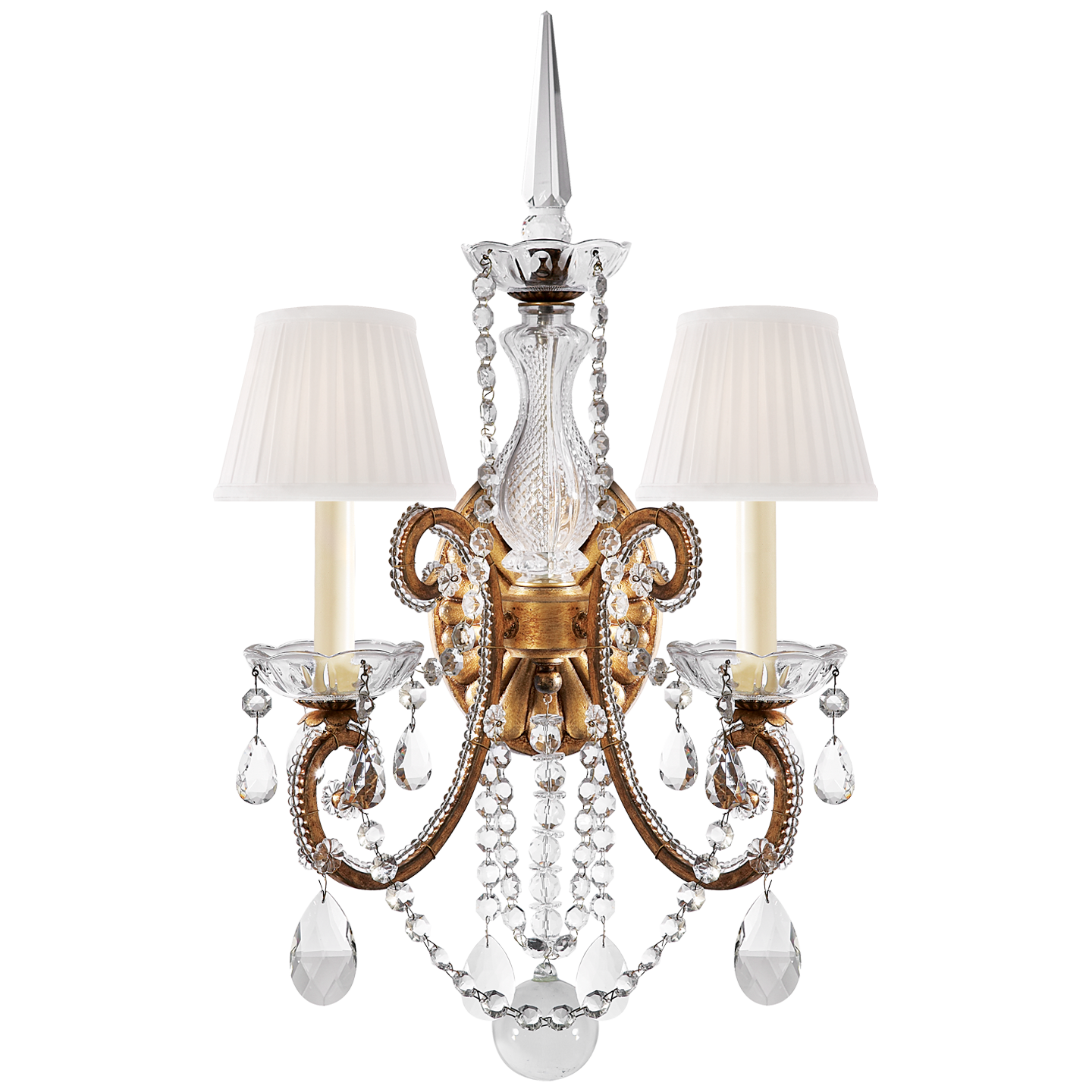 Adrianna Double Sconce in Gilded Iron and Crystal with Silk Shades