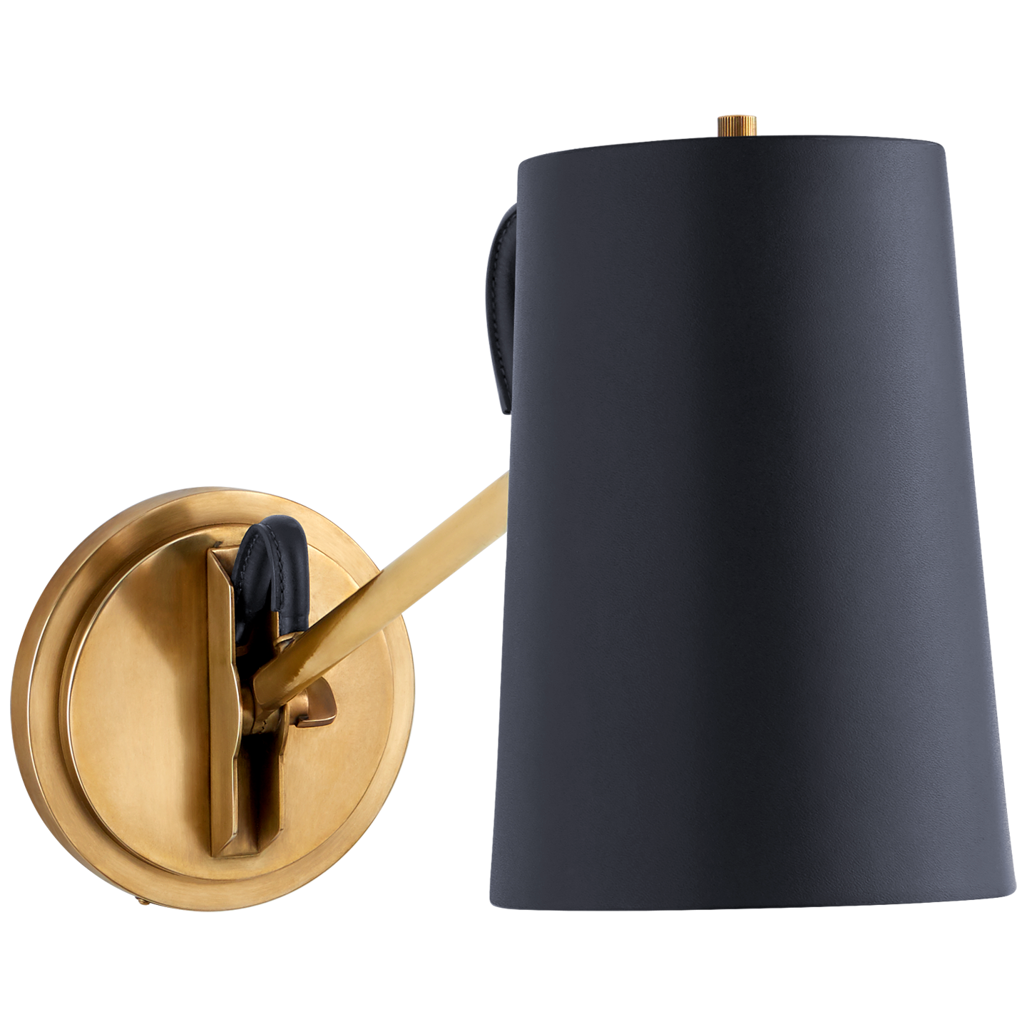 Benton Single Library Sconce in Natural Brass with Navy Leather Shade