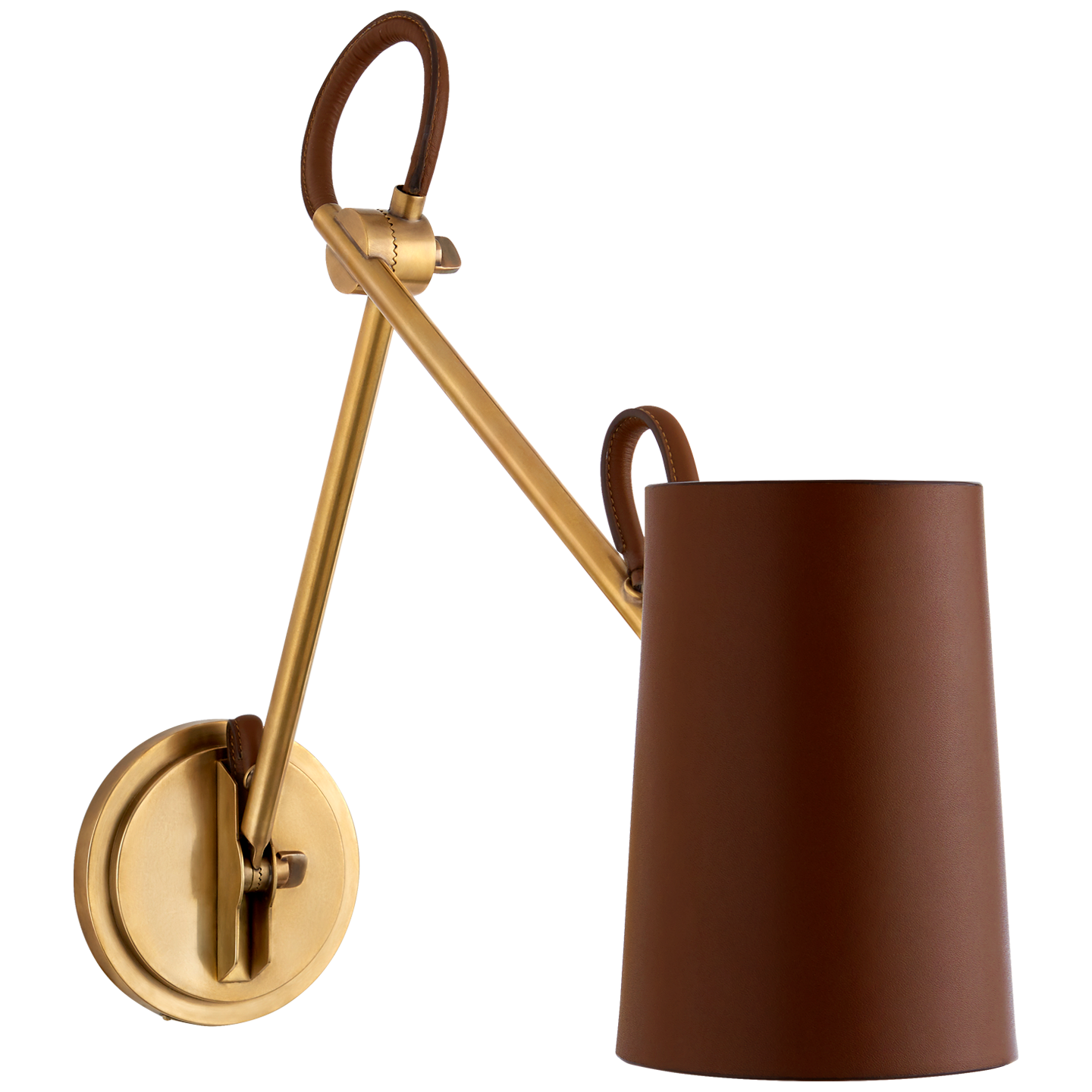 Benton Double Library Sconce in Natural Brass with Saddle Leather Shade