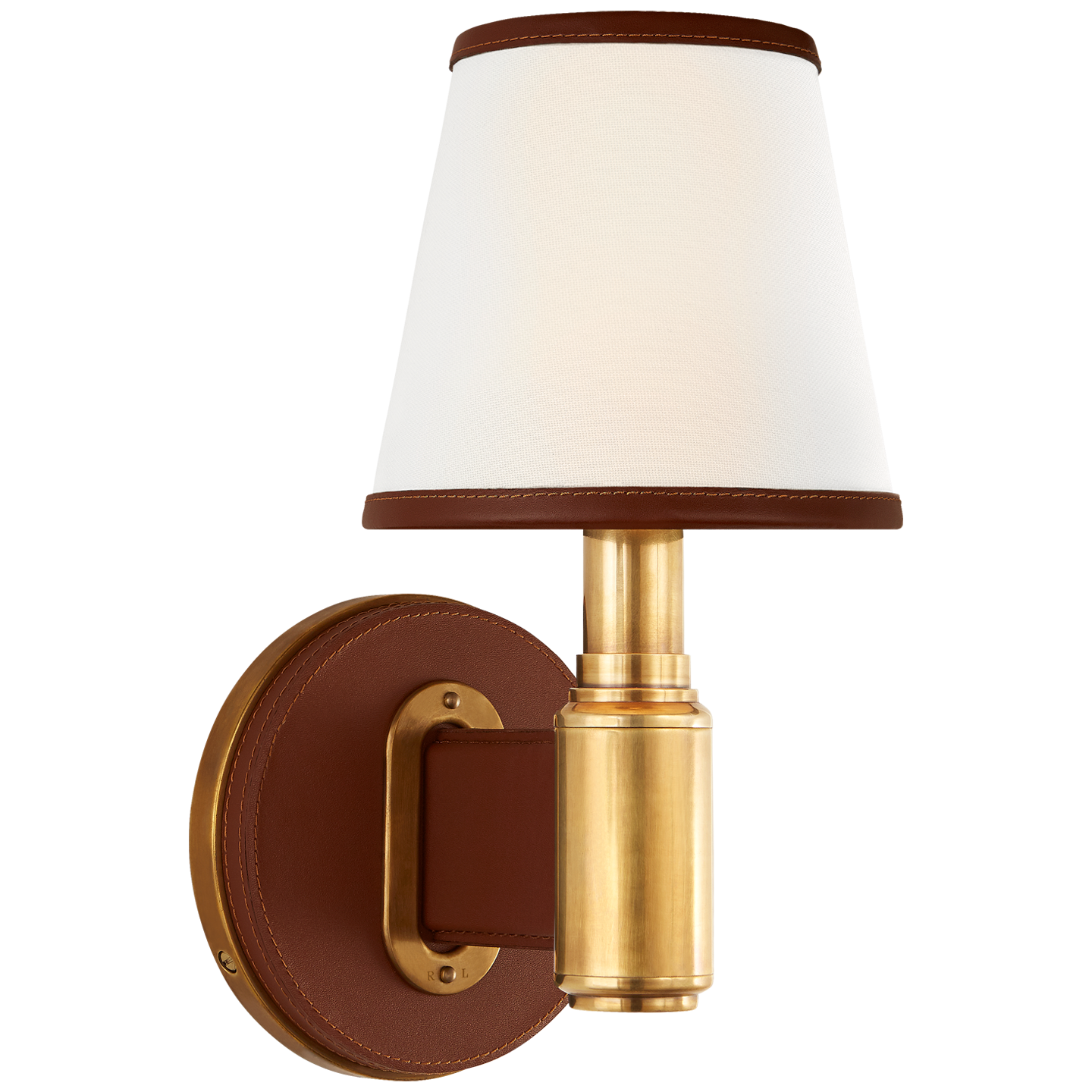 Riley Single Sconce in Natural Brass and Saddle Leather with Leather Trimmed Linen Shades