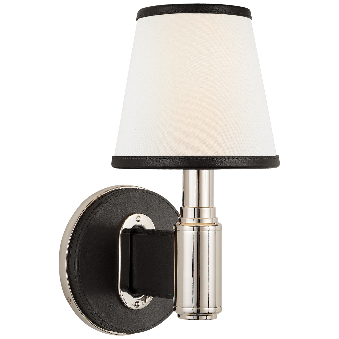 Riley Single Sconce in Polished Nickel and Chocolate Leather with Leather Trimmed Linen Shades
