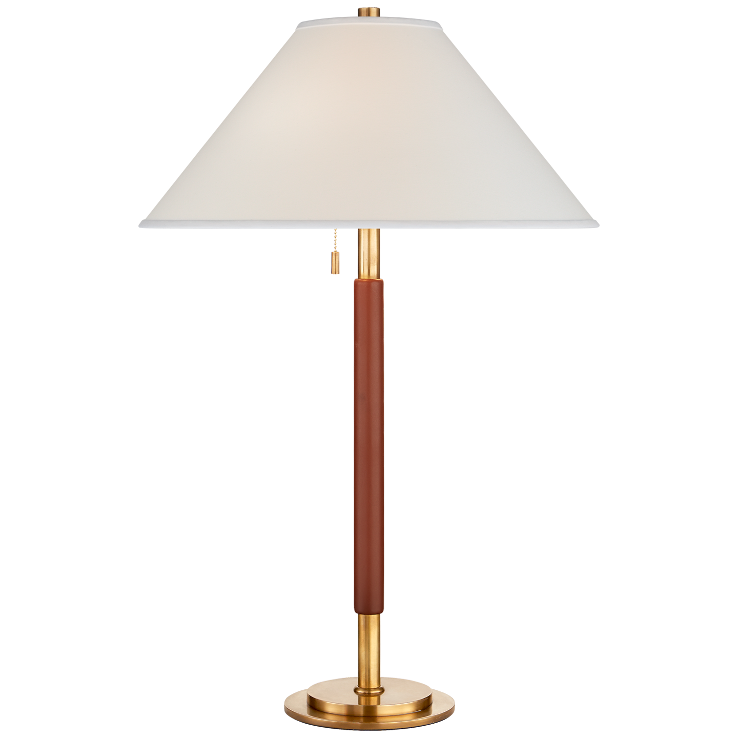 Garner Table Lamp in Natural Brass and Saddle Leather with Percale Shade