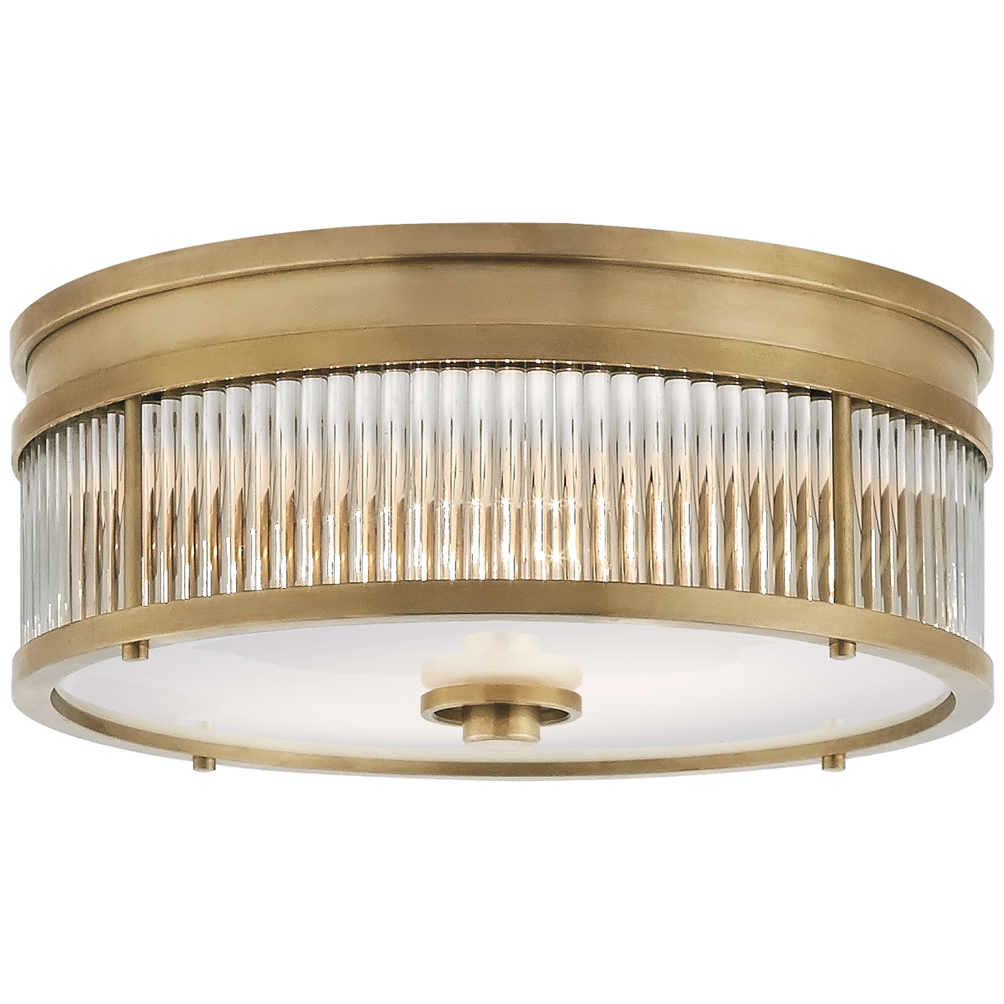 Allen Small Round Flush Mount in Natural Brass and Glass Rods with White Glass
