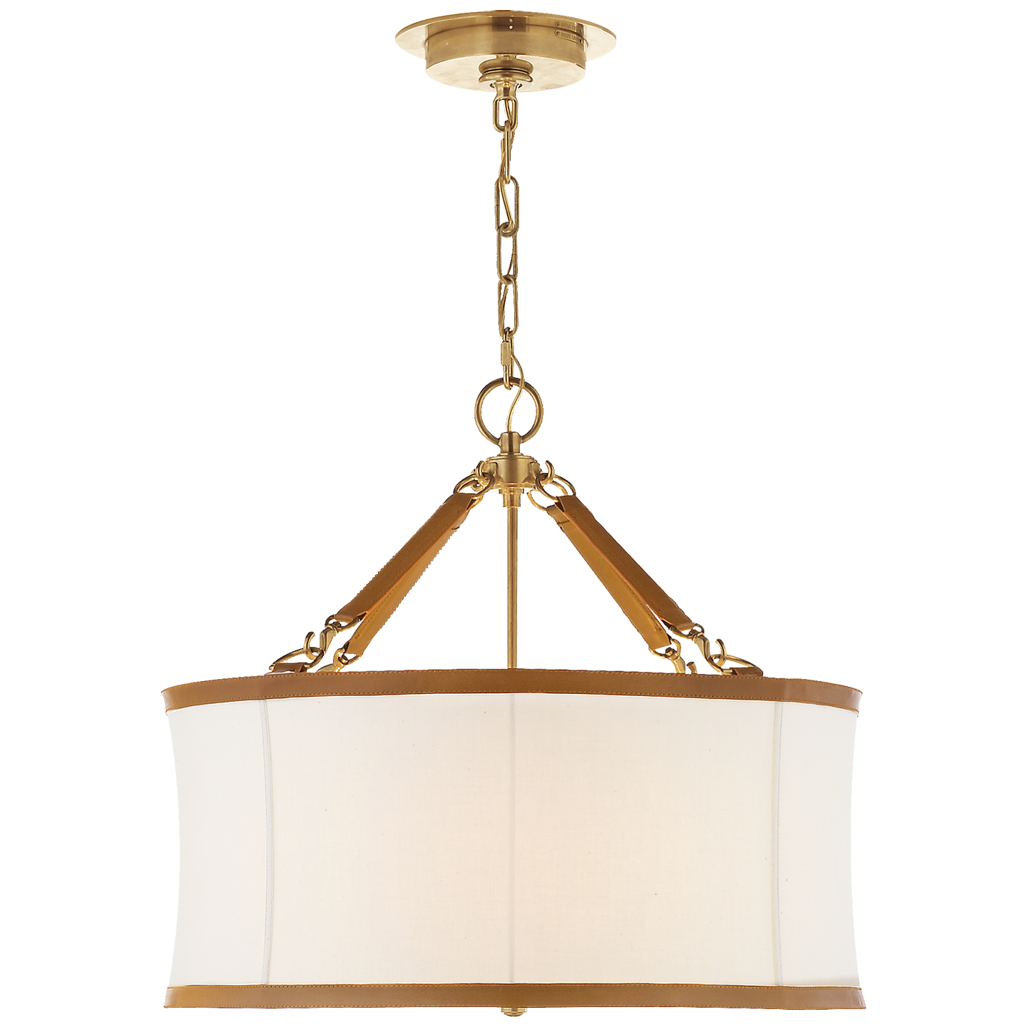 Broomfield Small Hanging Shade in Natural Brass and Saddle Leather with Linen Shade