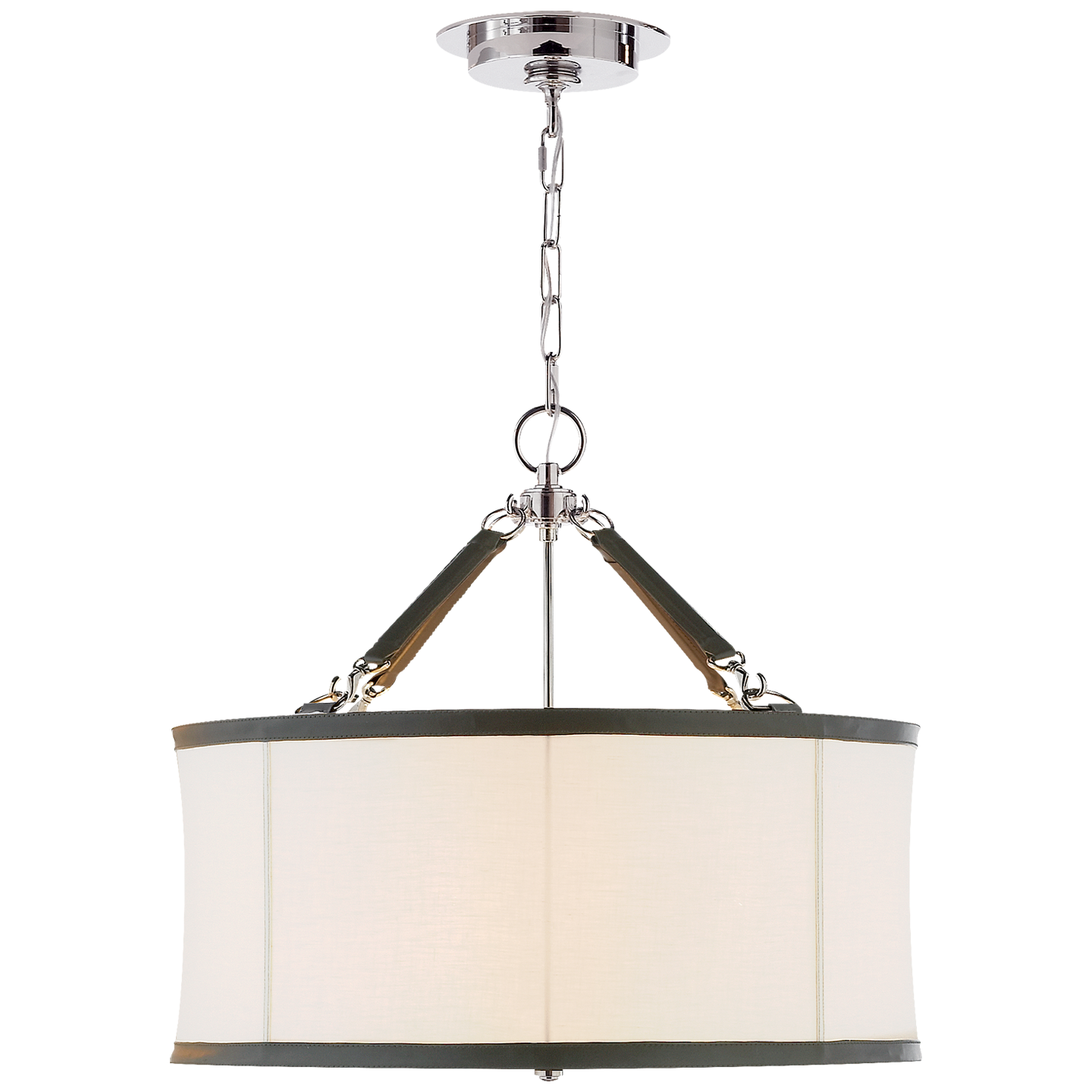 Broomfield Small Hanging Shade in Polished Nickel and Chocolate Leather with Linen Shade