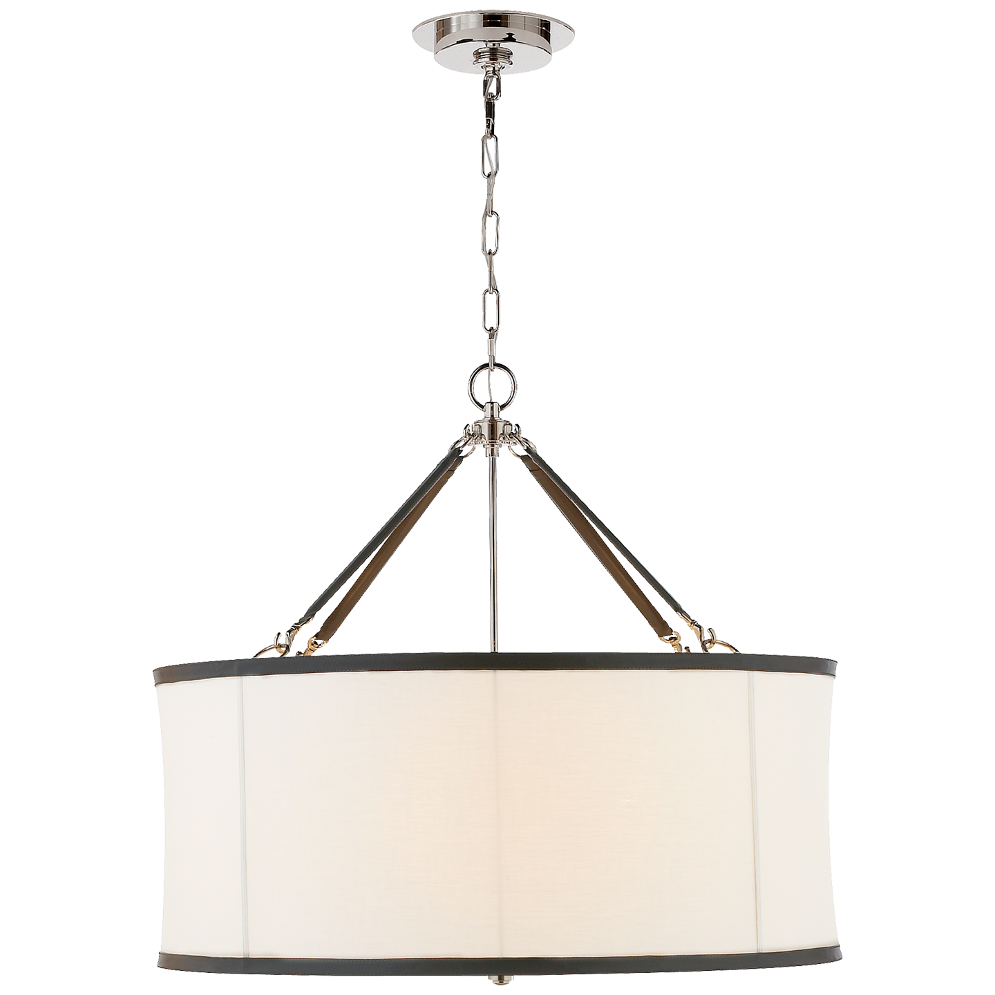 Broomfield Large Hanging Shade in Polished Nickel and Chocolate Leather with Linen Shade