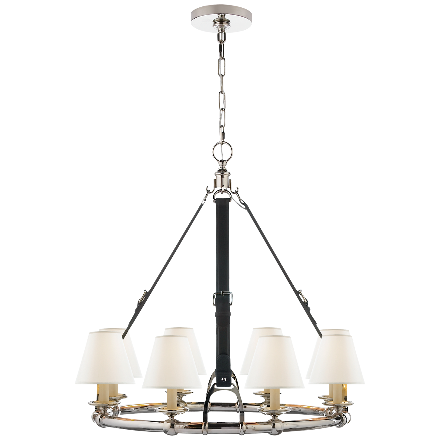 Westbury Chandelier in Polished Nickel and Chocolate Leather with Linen Shades