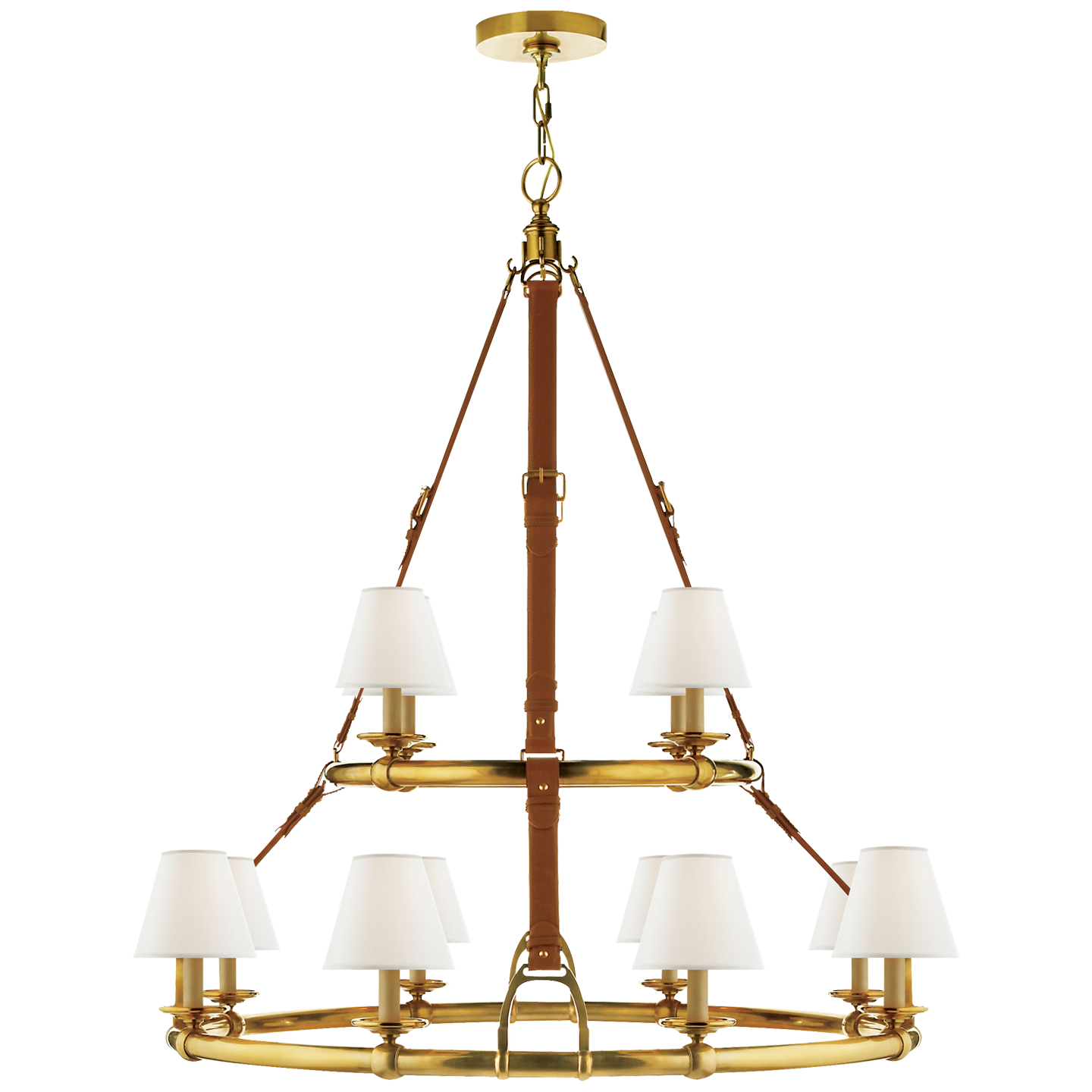 Westbury Double Tier Chandelier in Natural Brass and Saddle Leather with Linen Shades