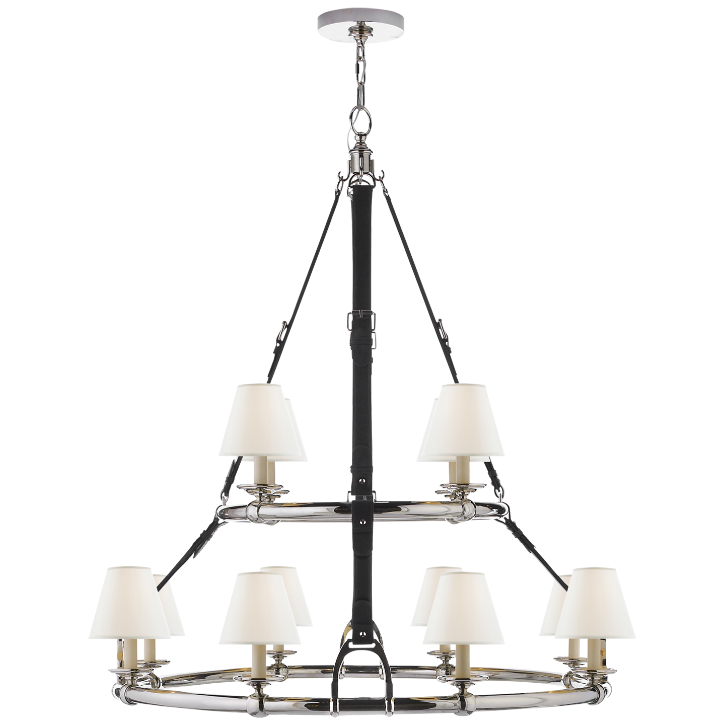 Westbury Double Tier Chandelier in Polished Nickel and Chocolate Leather with Linen Shades
