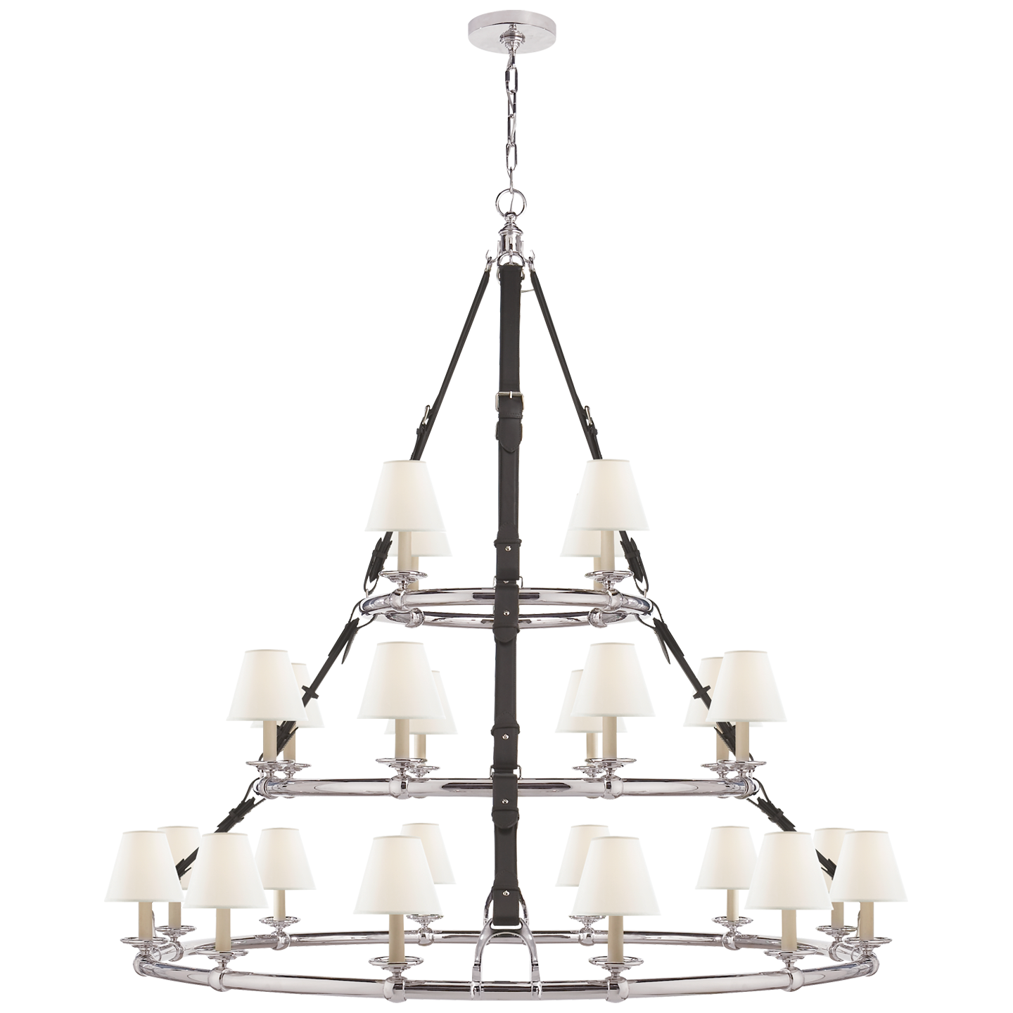 Westbury Triple Tier Chandelier in Polished Nickel and Chocolate Leather with Linen Shades