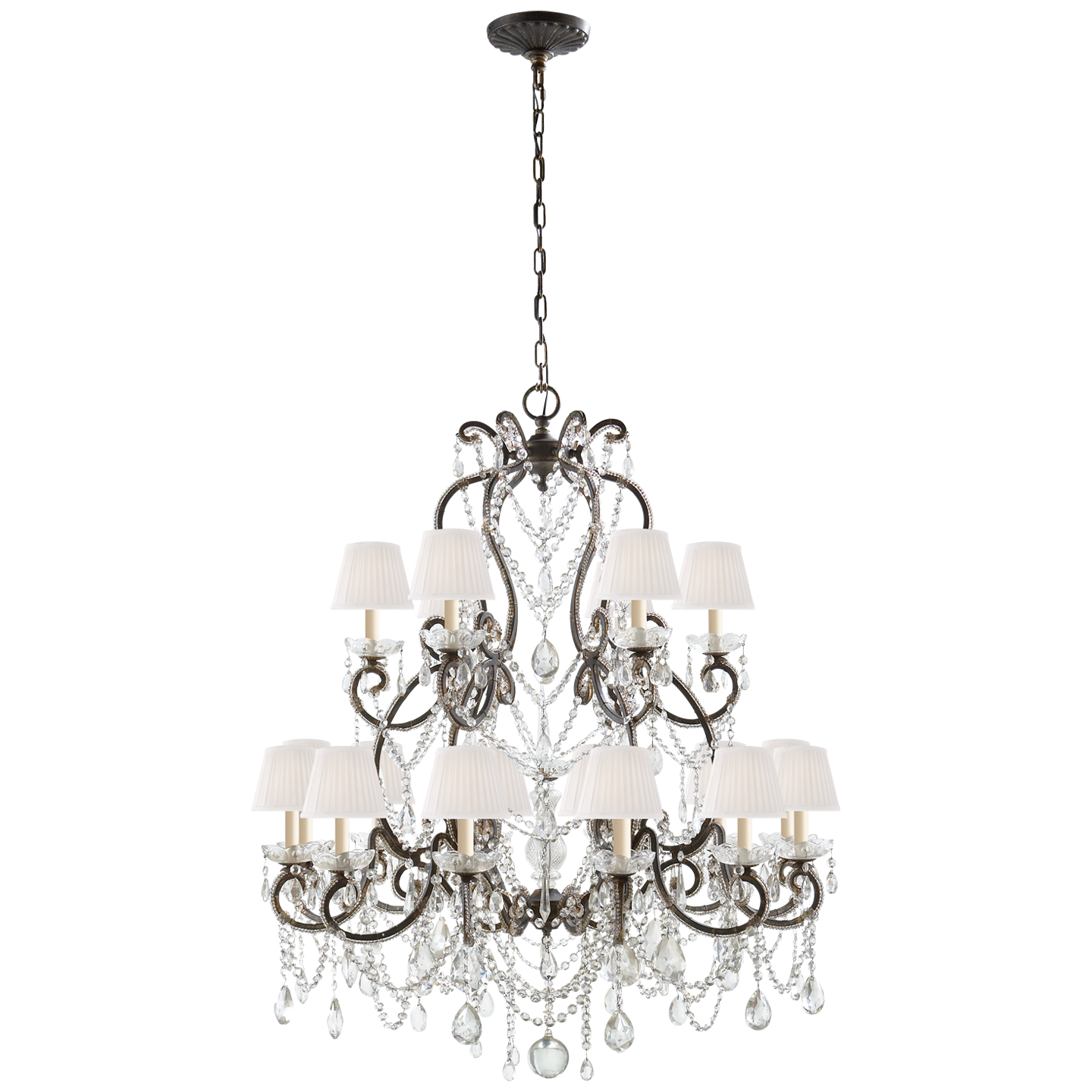 Adrianna Medium Chandelier in Antique Gild with Antiqued Crystals and Silk Shades