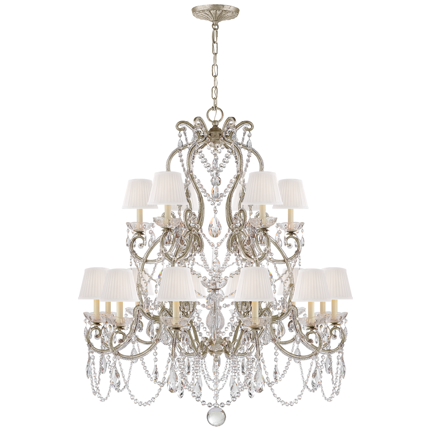 Adrianna Medium Chandelier in Antique Silver Leaf and Crystal with Silk Shades