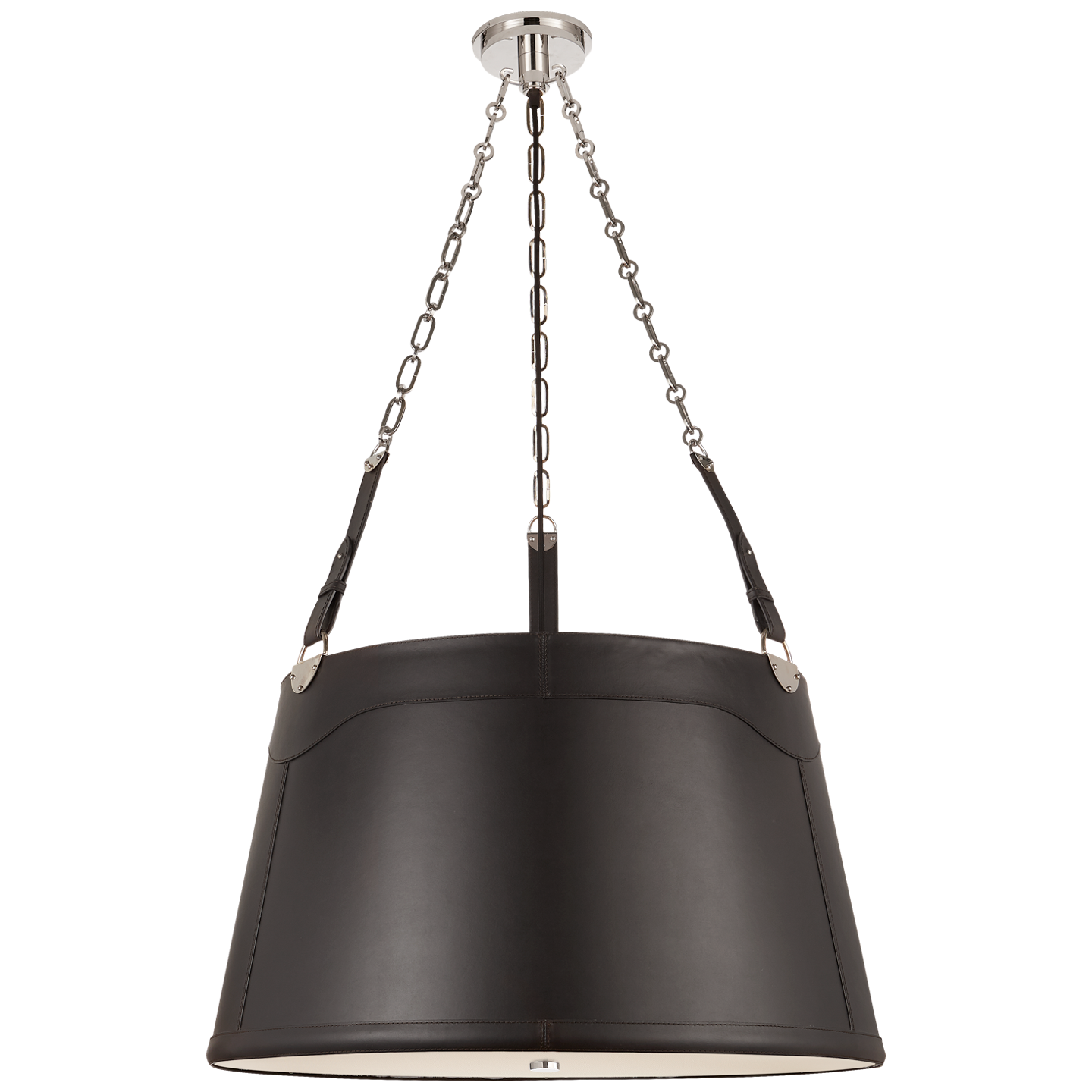 Karlie Large Hanging Shade in Polished Nickel with Chocolate Leather Shade and Acrylic Diffuser