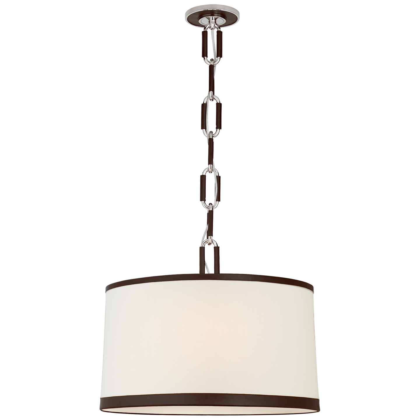 Cody Medium Hanging Shade in Polished Nickel with Linen Shade and Chocolate Leather Trim