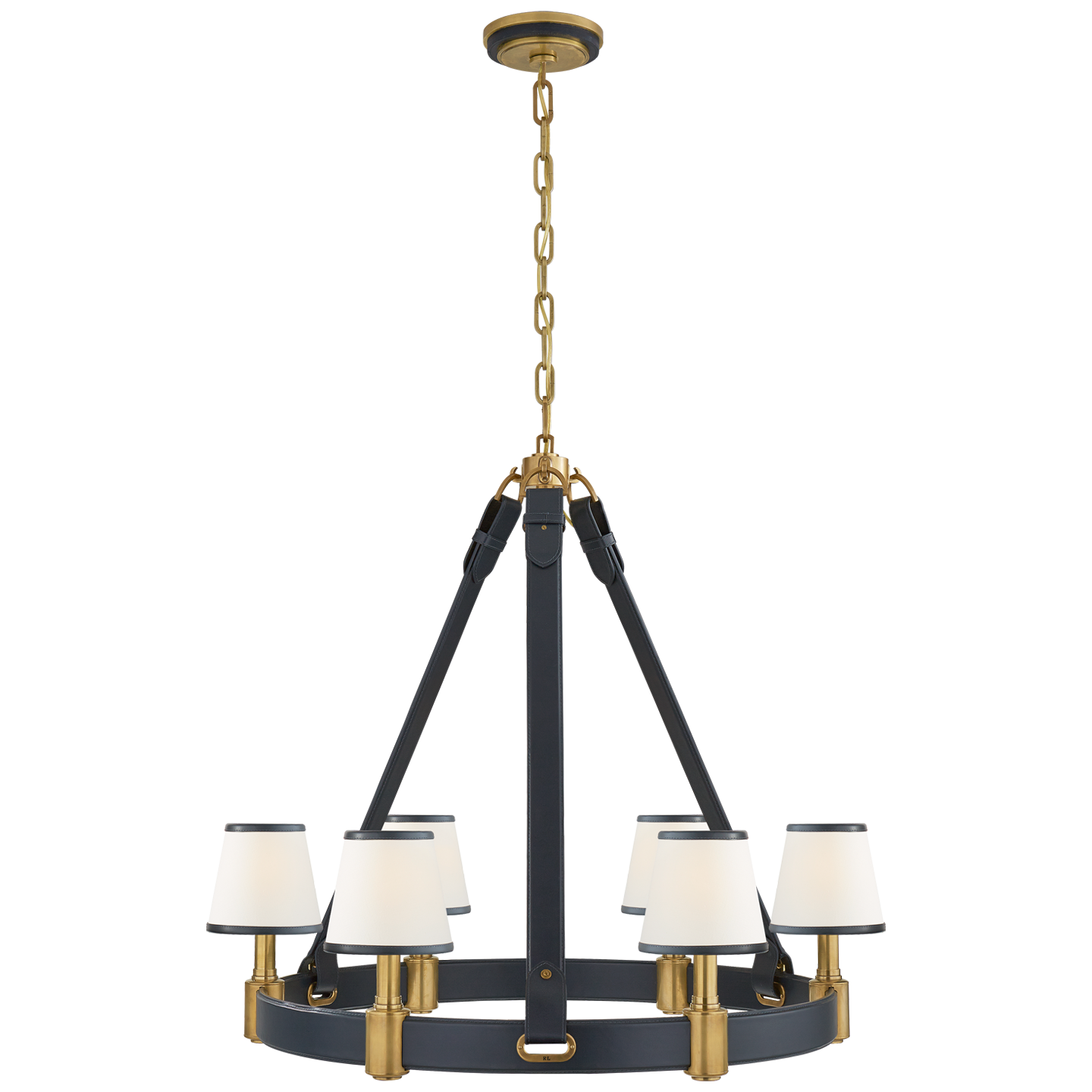 Riley Medium Ring Chandelier in Natural Brass and Navy Leather with Leather Trimmed Linen Shades