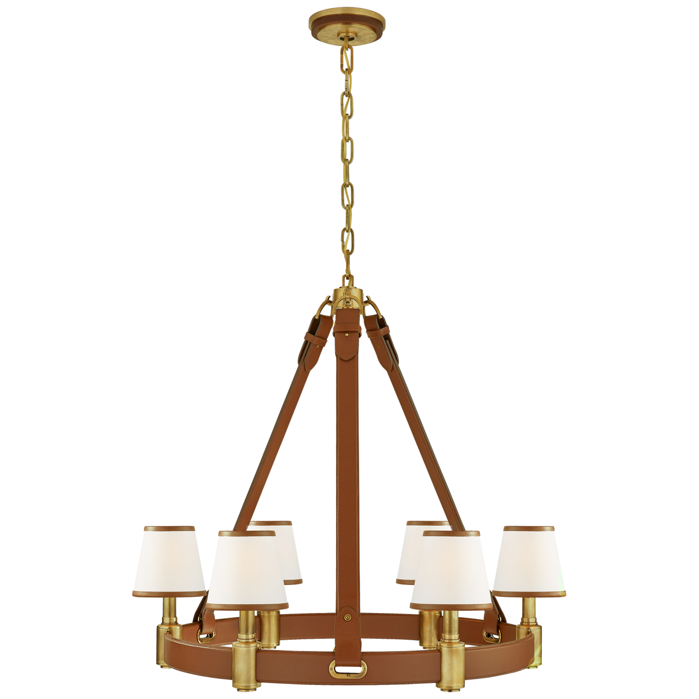 Riley Medium Ring Chandelier in Natural Brass and Saddle Leather with Leather Trimmed Linen Shades