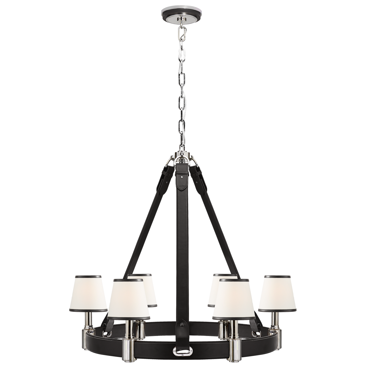 Riley Medium Ring Chandelier in Nickel and Chocolate Leather with Leather Trimmed Linen Shades