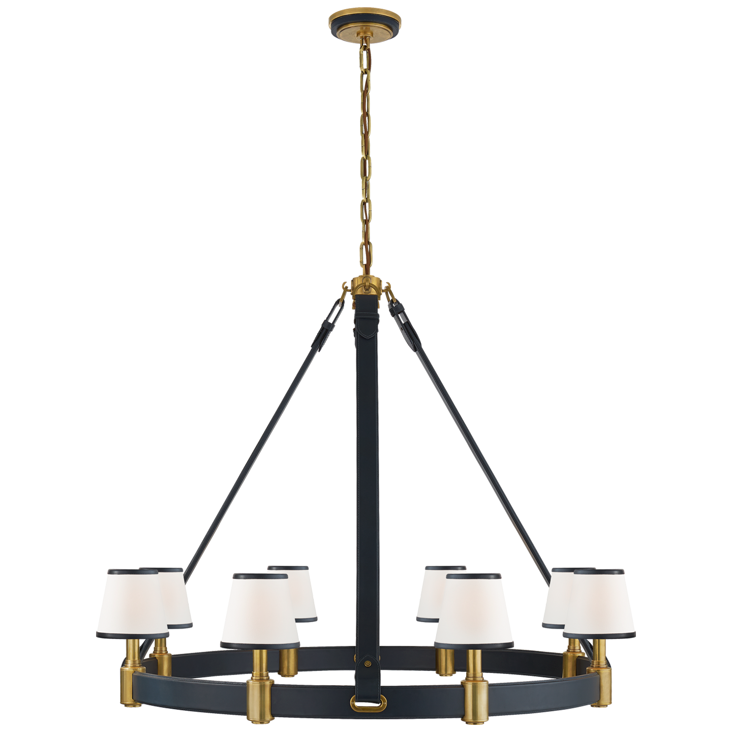 Riley Large Ring Chandelier in Natural Brass and Navy Leather with Leather Trimmed Linen Shades