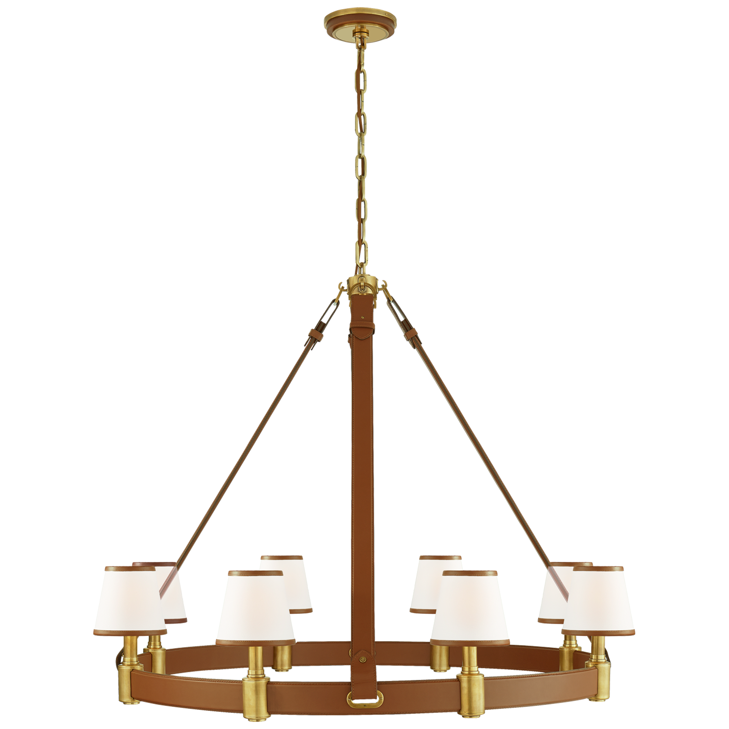 Riley Large Ring Chandelier in Natural Brass and Saddle Leather with Leather Trimmed Linen Shades
