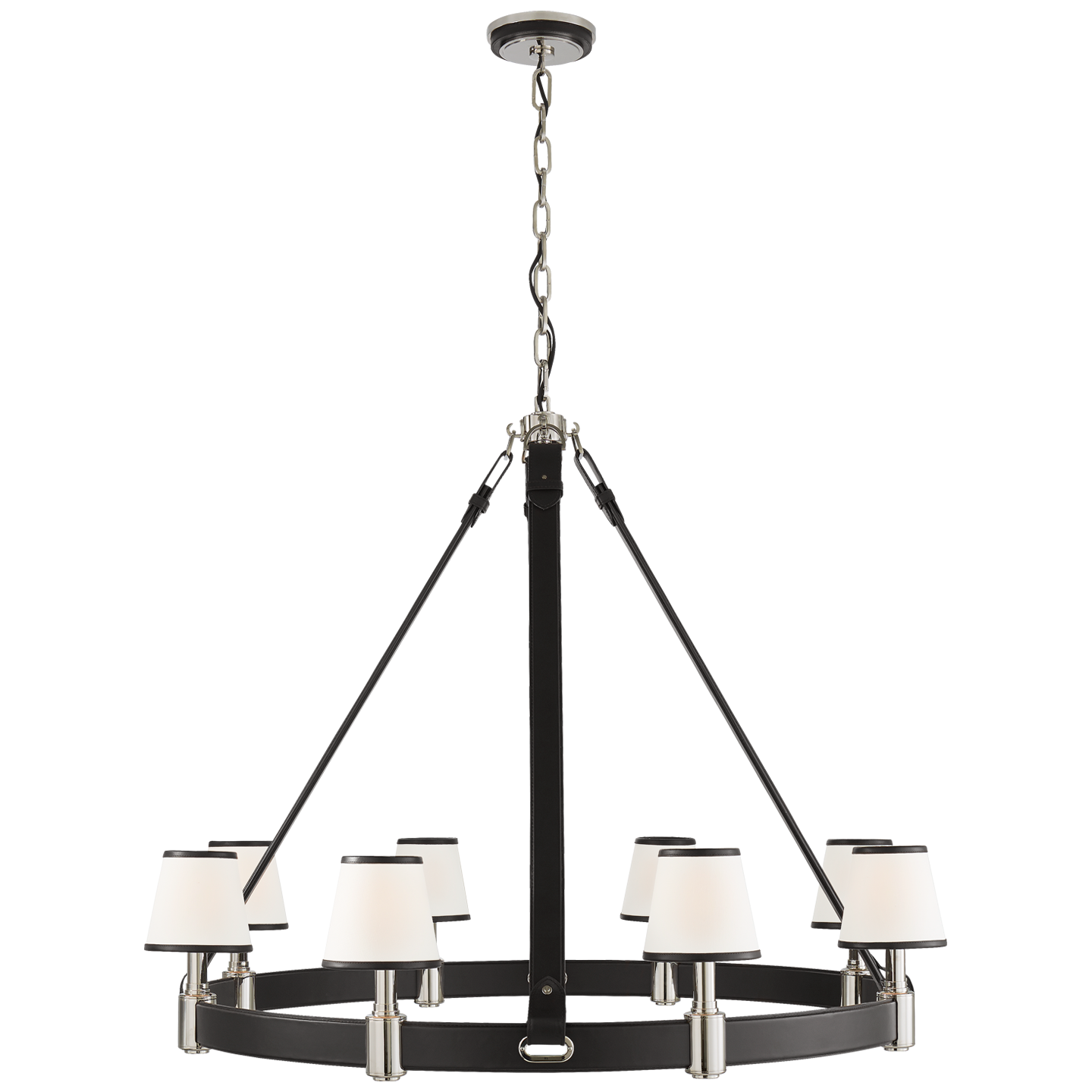 Riley Large Ring Chandelier in Polished Nickel and Chocolate Leather w/ Leather Trimmed Linen Shades