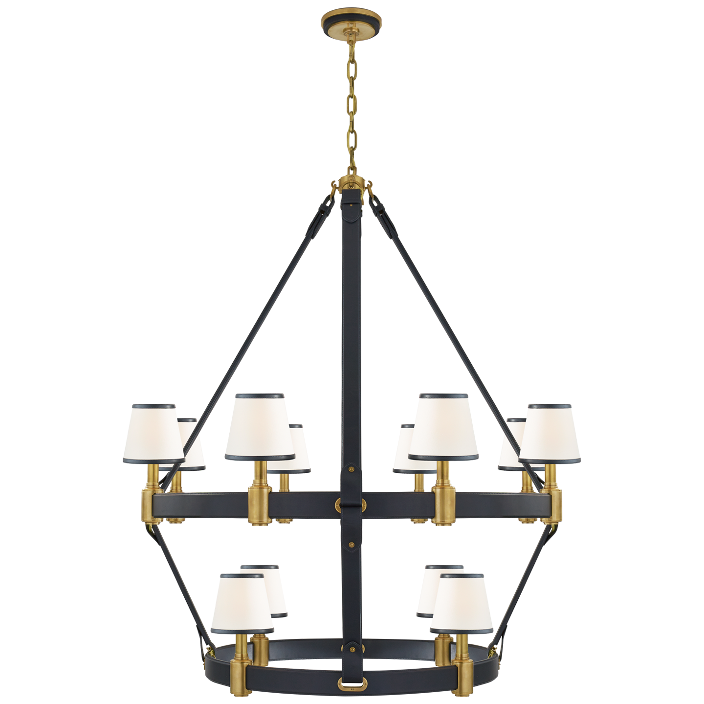 Riley Large Two Tier Chandelier in Natural Brass and Navy Leather with Leather Trimmed Linen Shades