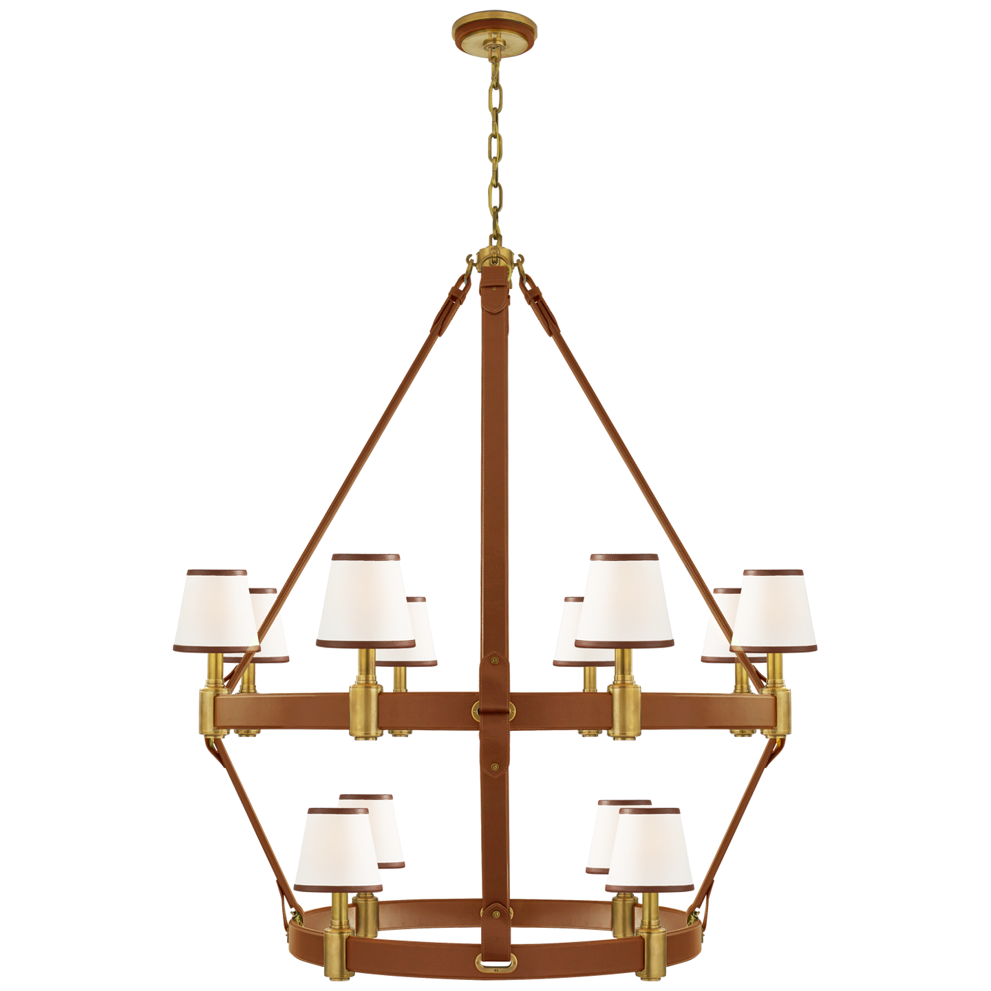 Riley Large Two Tier Chandelier in Natural Brass and Saddle Leather with Leather Trimmed Linen Shades