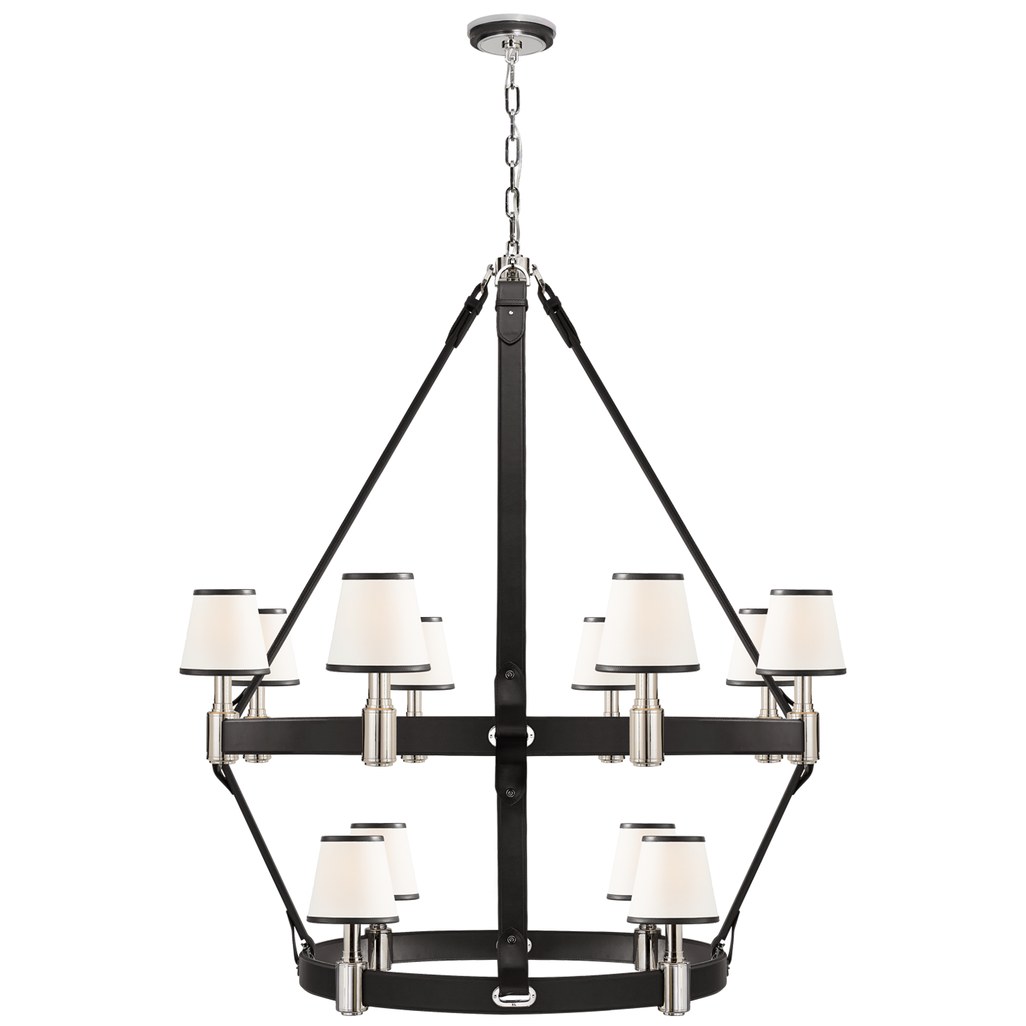 Riley Large Two Tier Chandelier in Nickel and Chocolate Leather with Leather Trimmed Linen Shades