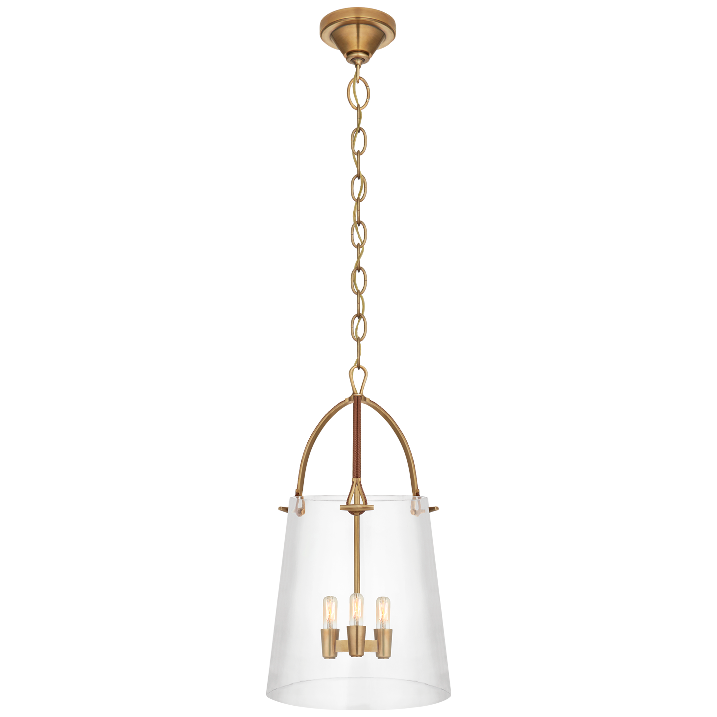 Julian Medium Lantern in Natural Brass and Saddle Leather with Clear Glass 