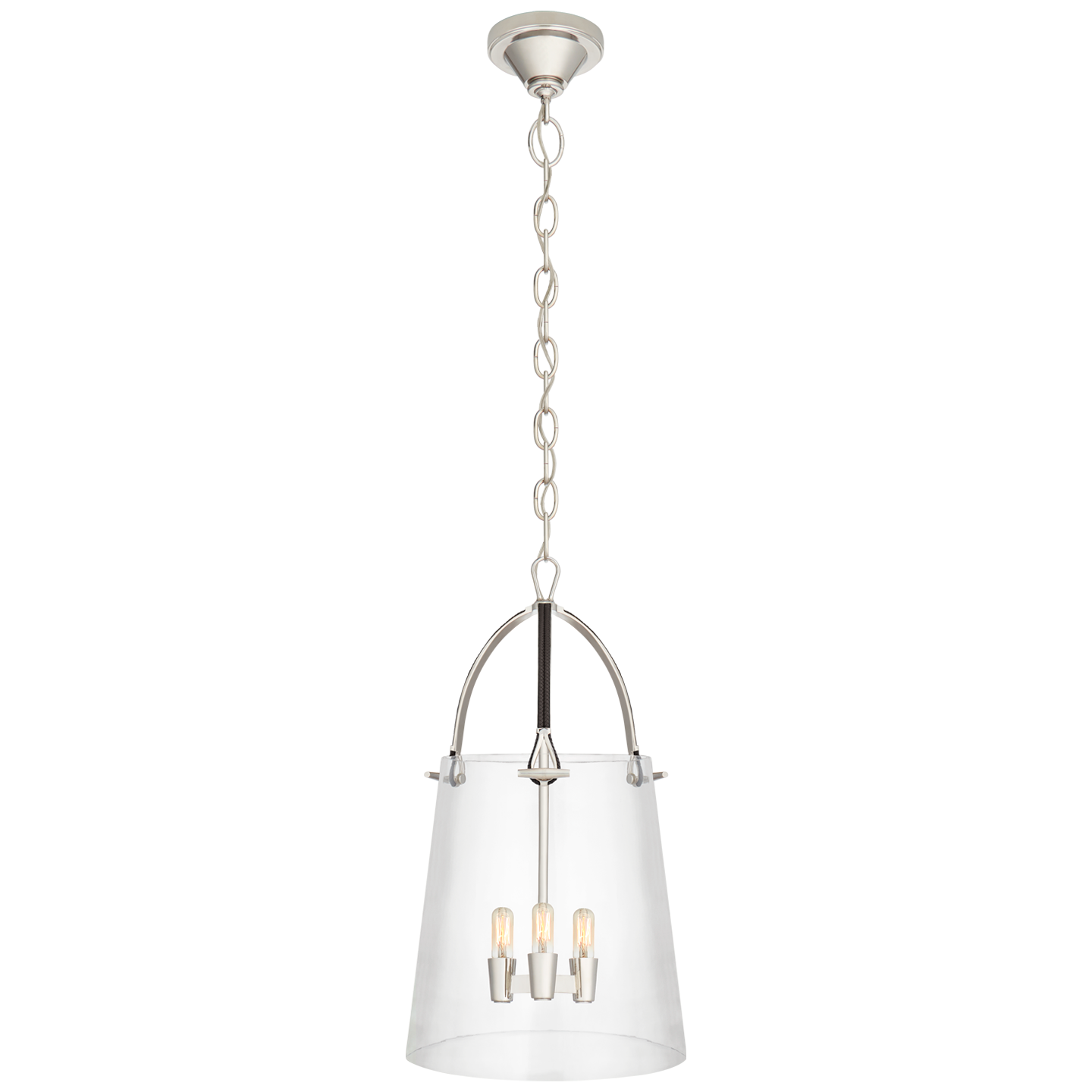 Julian Medium Lantern in Polished Nickel and Chocolate Leather with Clear Glass 