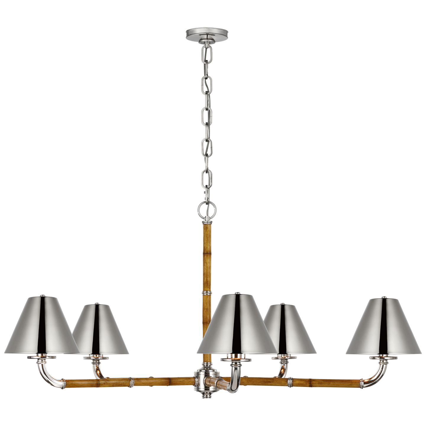 Dalfern Large Chandelier in Waxed Bamboo and Polished Nickel with Polished Nickel Shades