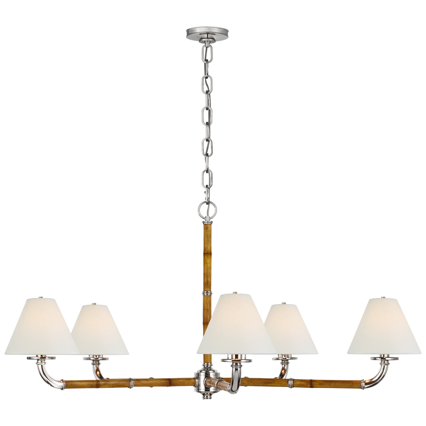 Dalfern Large Chandelier in Waxed Bamboo and Polished Nickel with White Parchment Shades