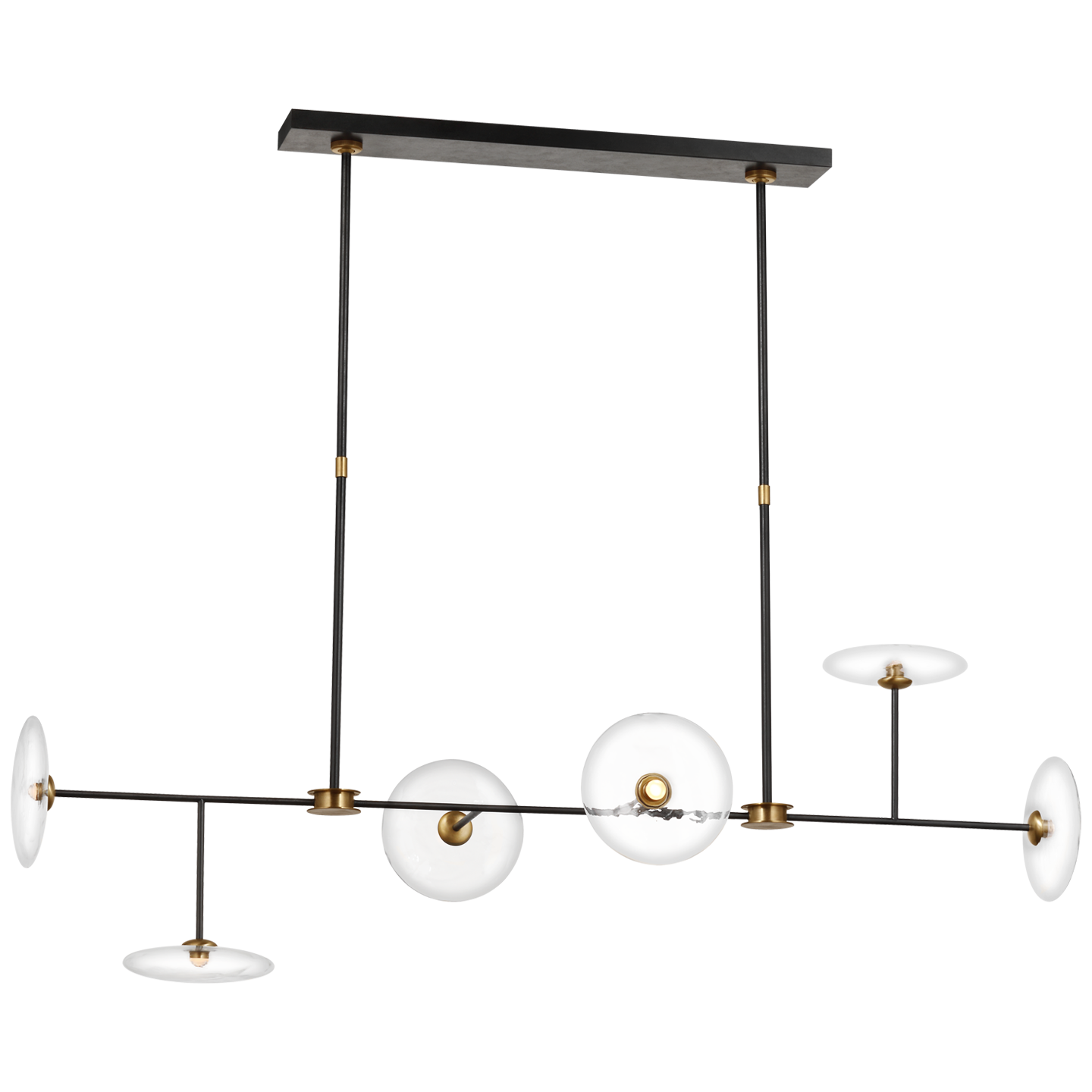 Calvino Large Linear Chandelier in Aged Iron and Hand-Rubbed Antique Brass with Clear Glass
