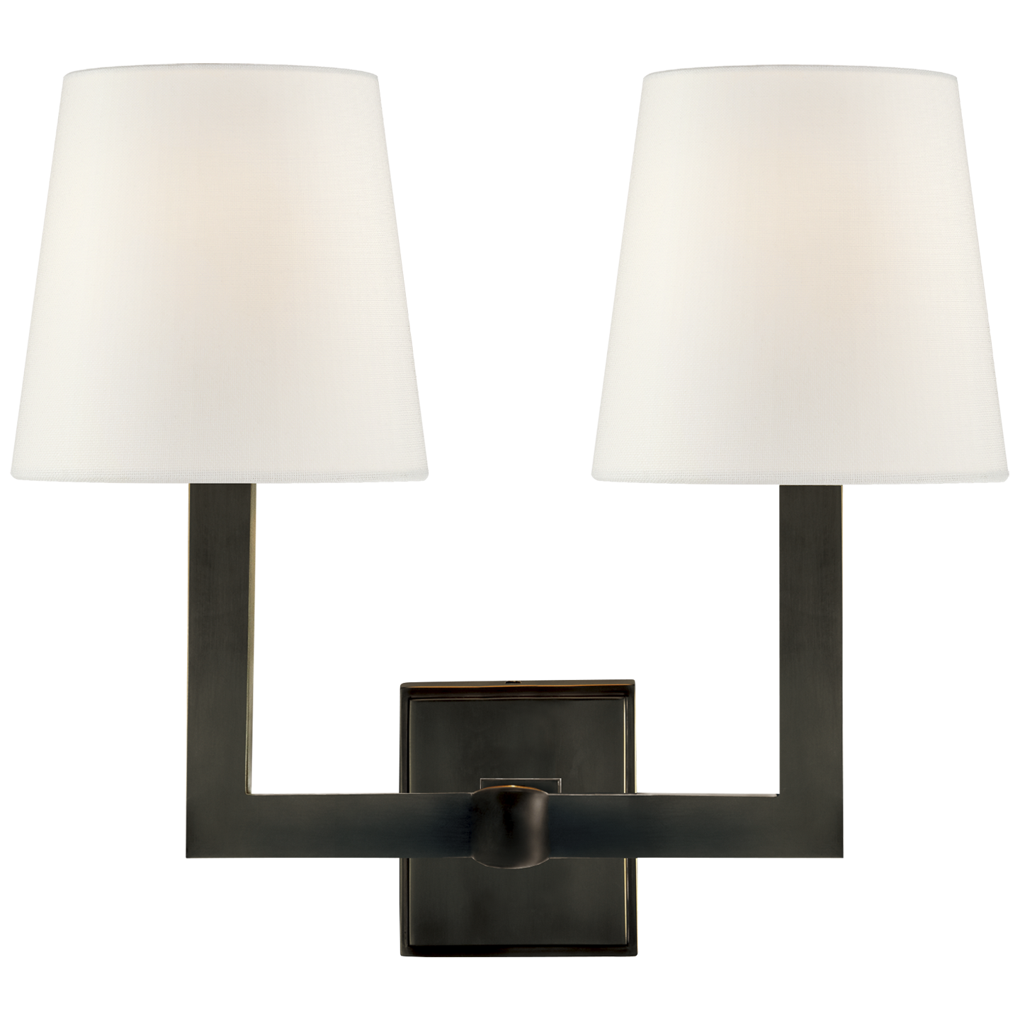 Square Tube Double Sconce in Bronze with Linen Shades