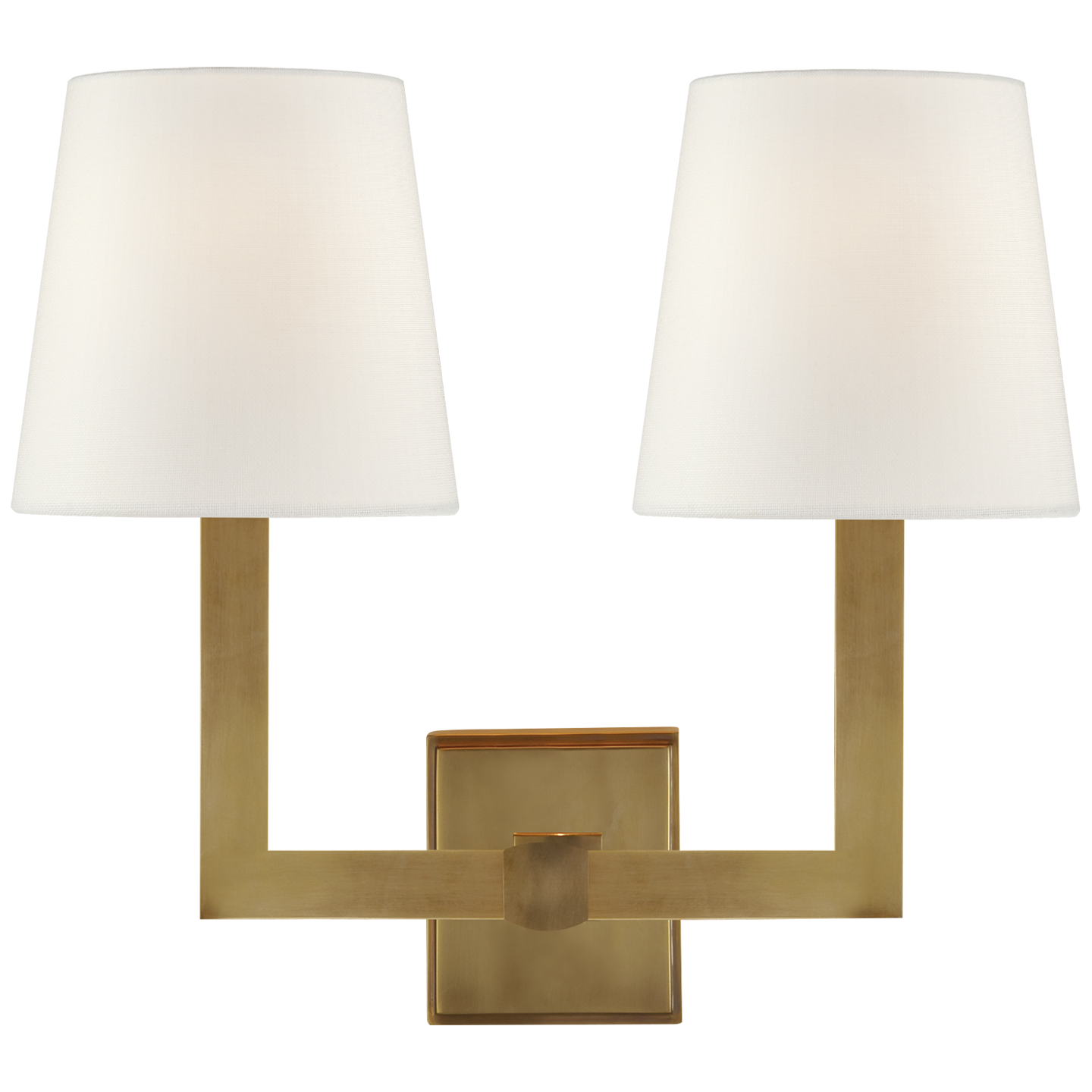 Square Tube Double Sconce in Hand-Rubbed Antique Brass with Linen Shades