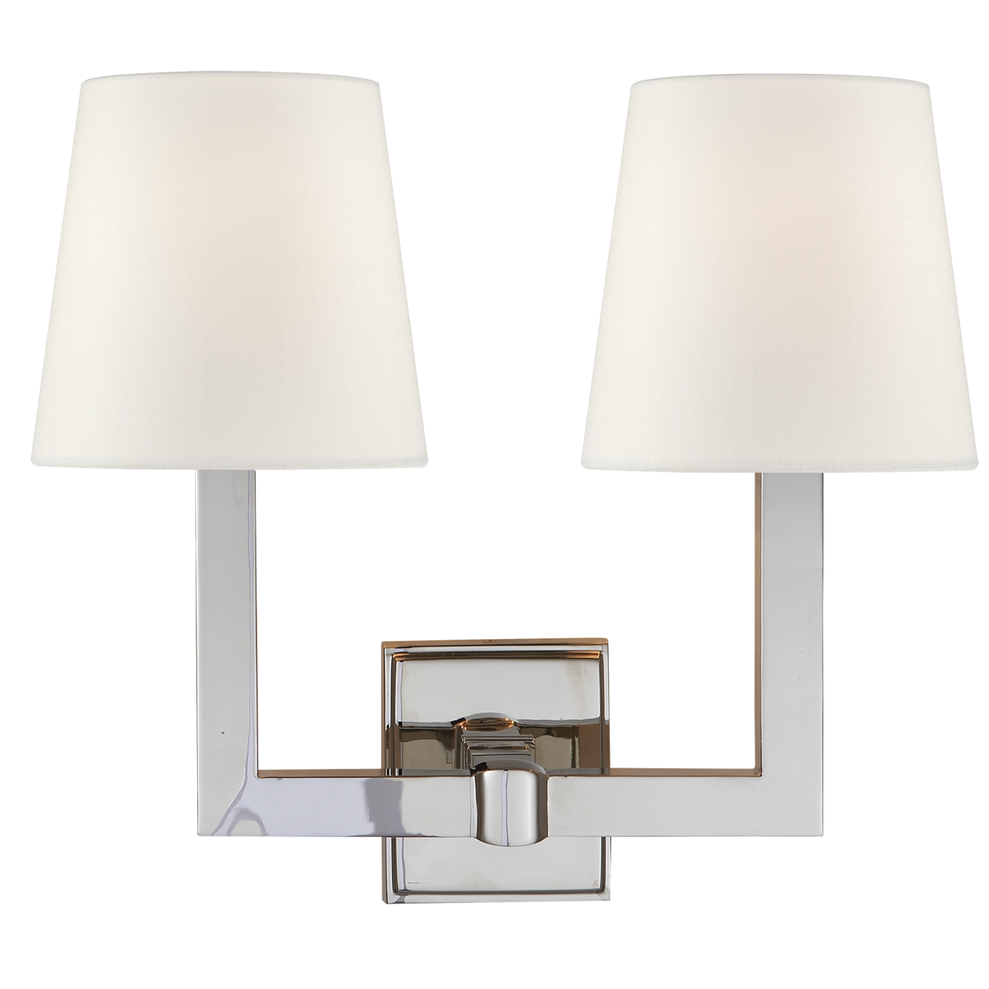 Square Tube Double Sconce in Polished Nickel with Linen Shades