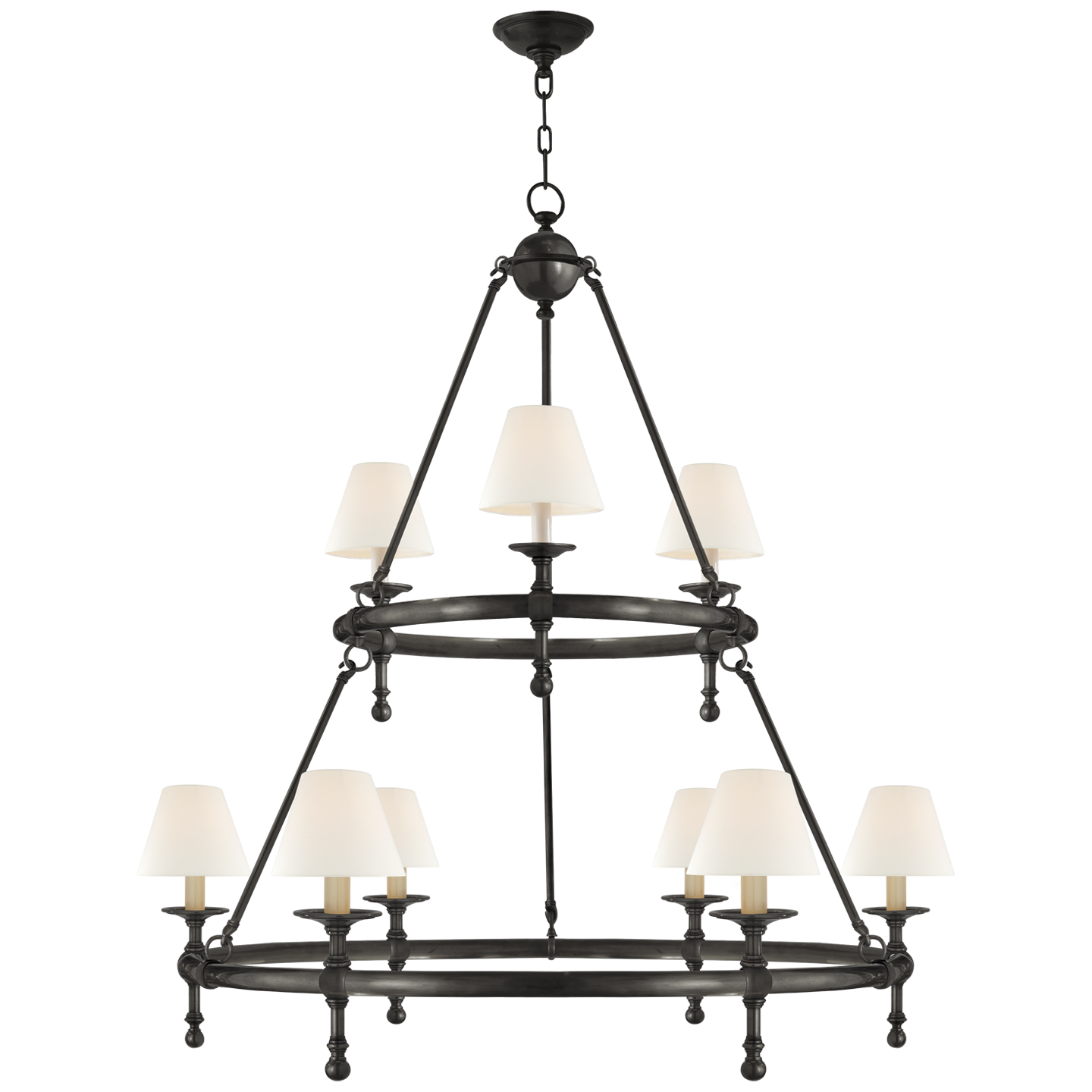 Classic Two-Tier Ring Chandelier in Bronze with Linen Shades