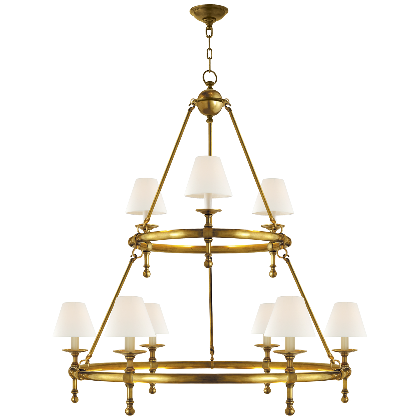 Classic Two-Tier Ring Chandelier in Hand-Rubbed Antique Brass with Linen Shades