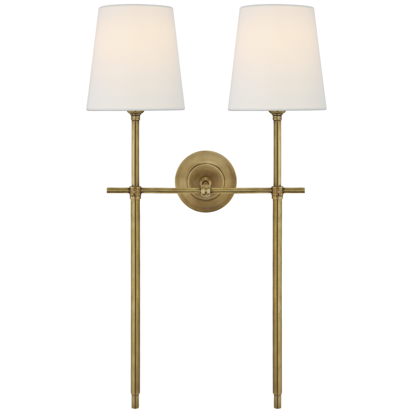 Bryant Large Double Tail Sconce in Hand-Rubbed Antique Brass with Linen Shades